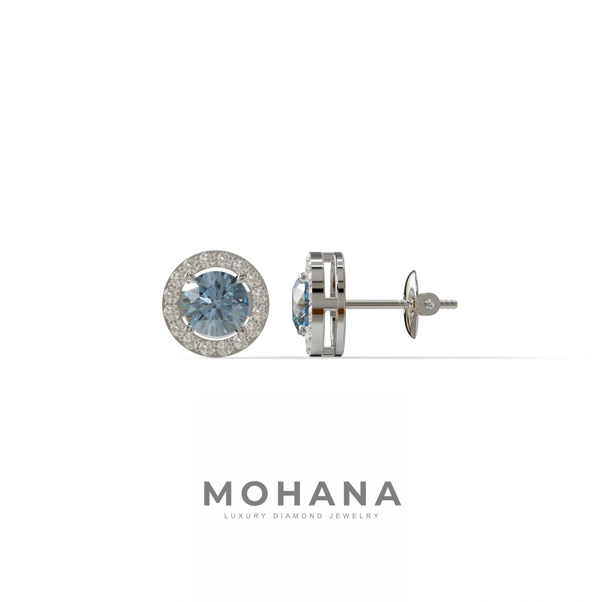 Ciera - Stunning Blue Color Round Diamond Stud Earrings | Halo Setting | Certified