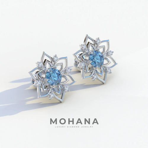 Daffodil - Blue Color Round Cut Diamond Earrings| Beautiful Claw Prong Setting | Certified