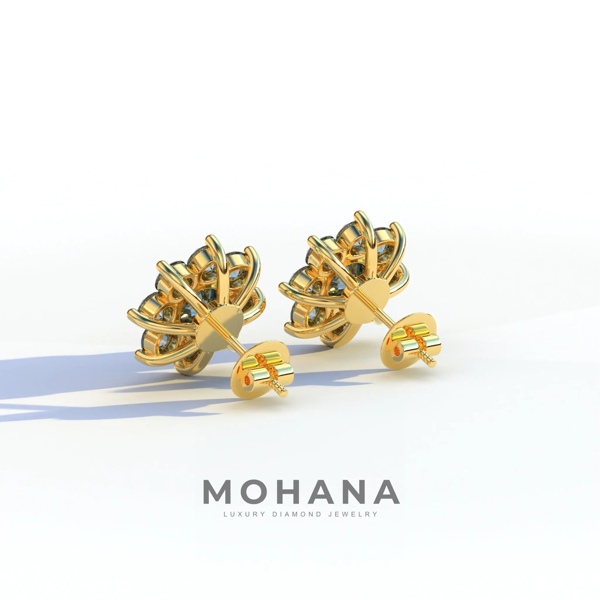 Persee - Round Blue Diamond Stud Earrings| Piercing Flower Setting