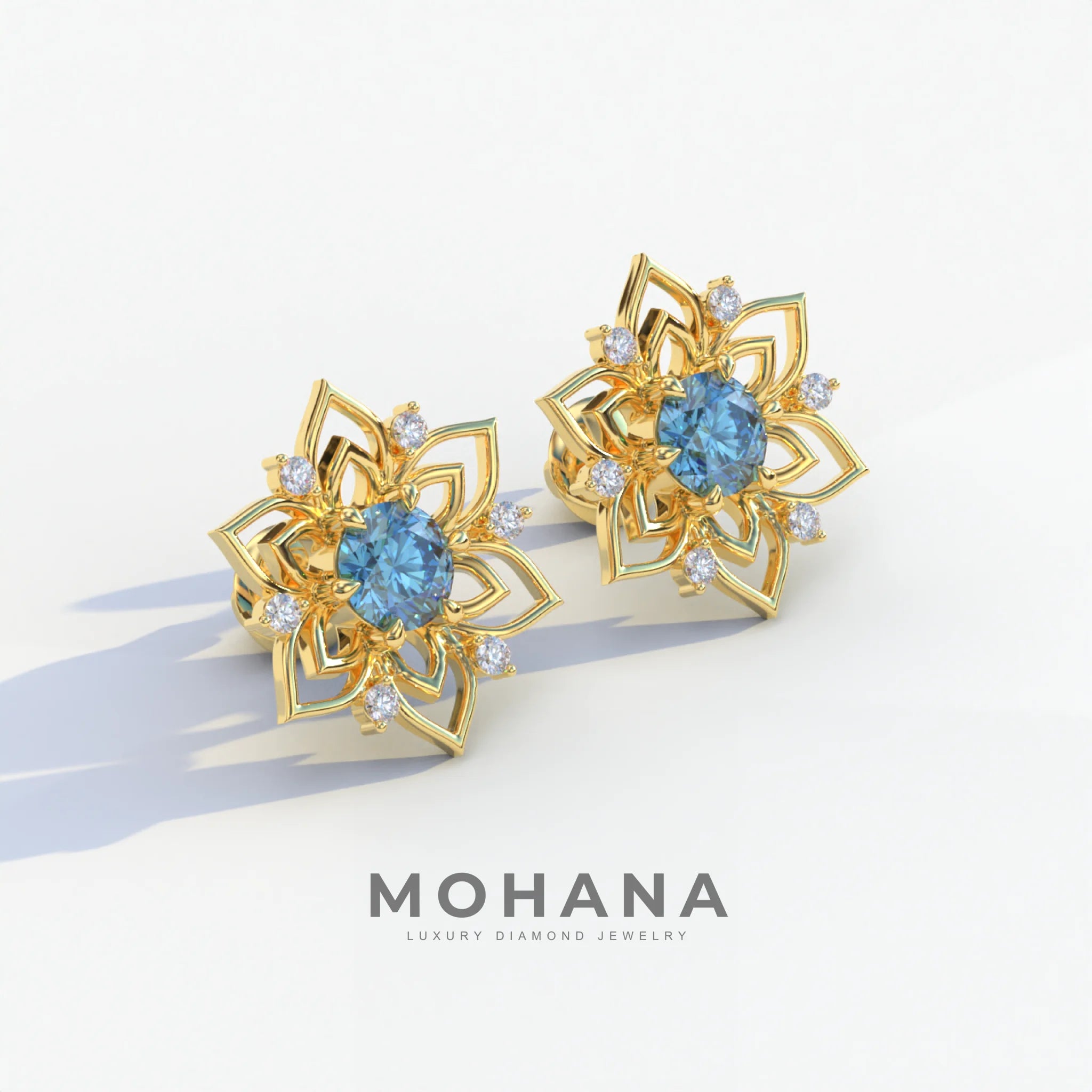Daffodil - Blue Color Round Cut Diamond Earrings| Beautiful Claw Prong Setting | Certified