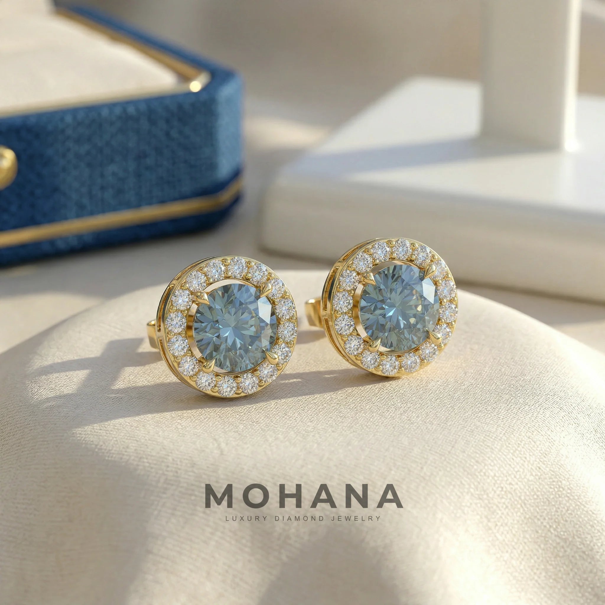 Ciera - Stunning Blue Color Round Diamond Stud Earrings | Halo Setting | Certified