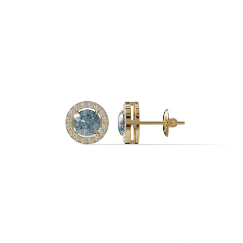 Ciera - Stunning Blue Color Round Diamond Stud Earrings | Halo Setting | Certified