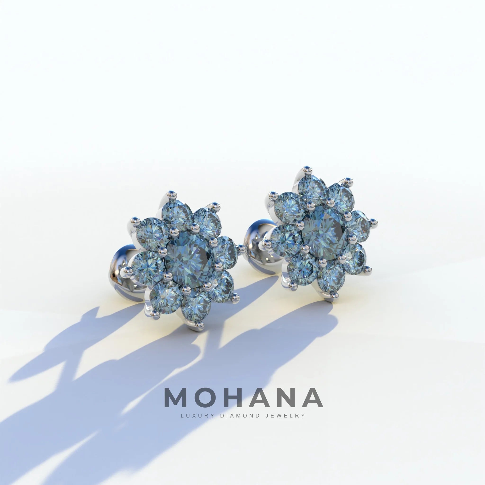 Persee - Round Blue Diamond Stud Earrings| Piercing Flower Setting