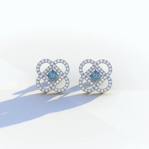 Blue Round Cut Lab Diamond Stud Earrings - Hanri Daussi - 10K Solid Gold / White Gold