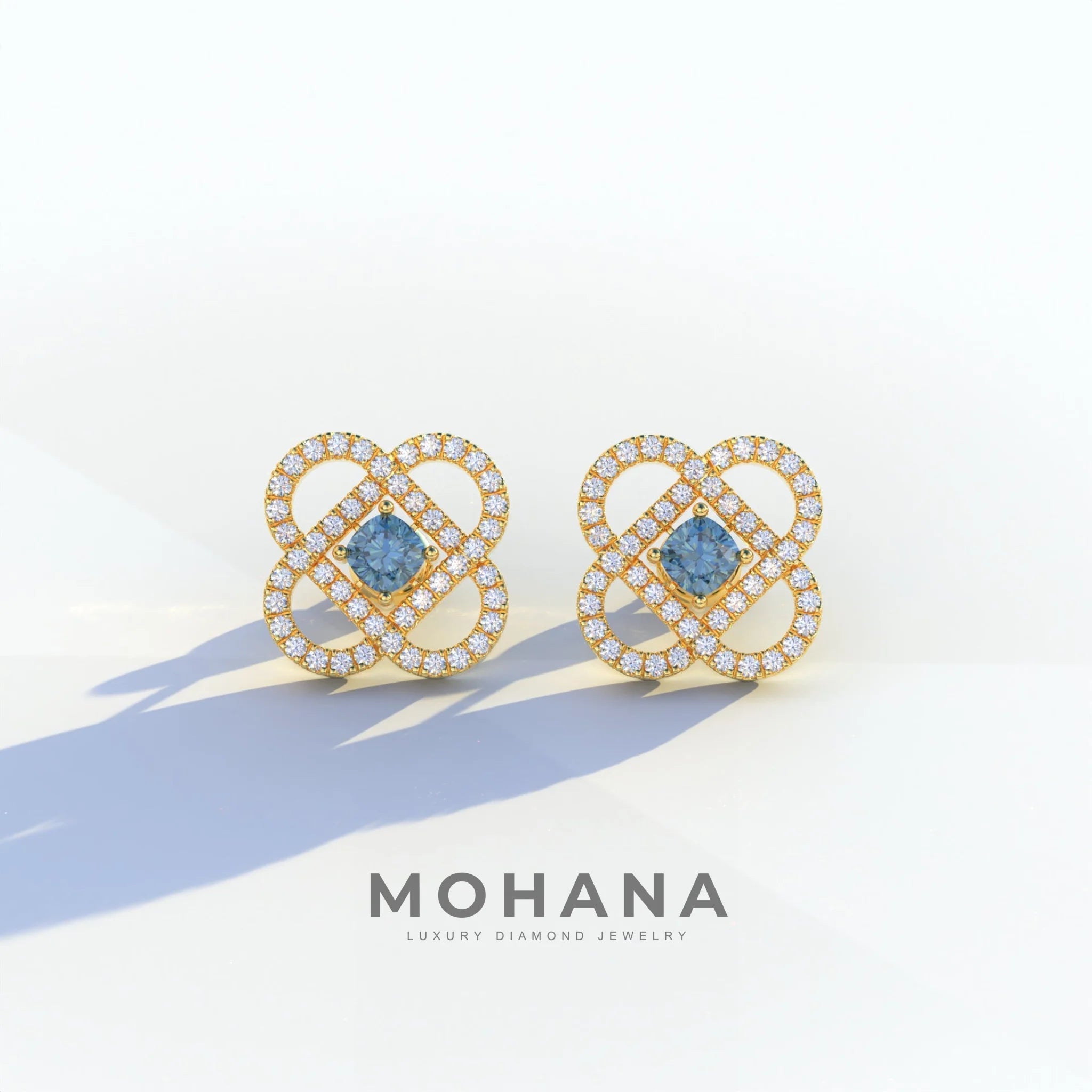 Blue Round Cut Lab Diamond Stud Earrings - Hanri Daussi - 10K Solid Gold / Yellow Gold