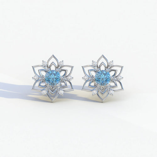 Daffodil - Blue Color Round Cut Diamond Earrings| Beautiful Claw Prong Setting | Certified - 1 Carat Tw. Lab Diamond