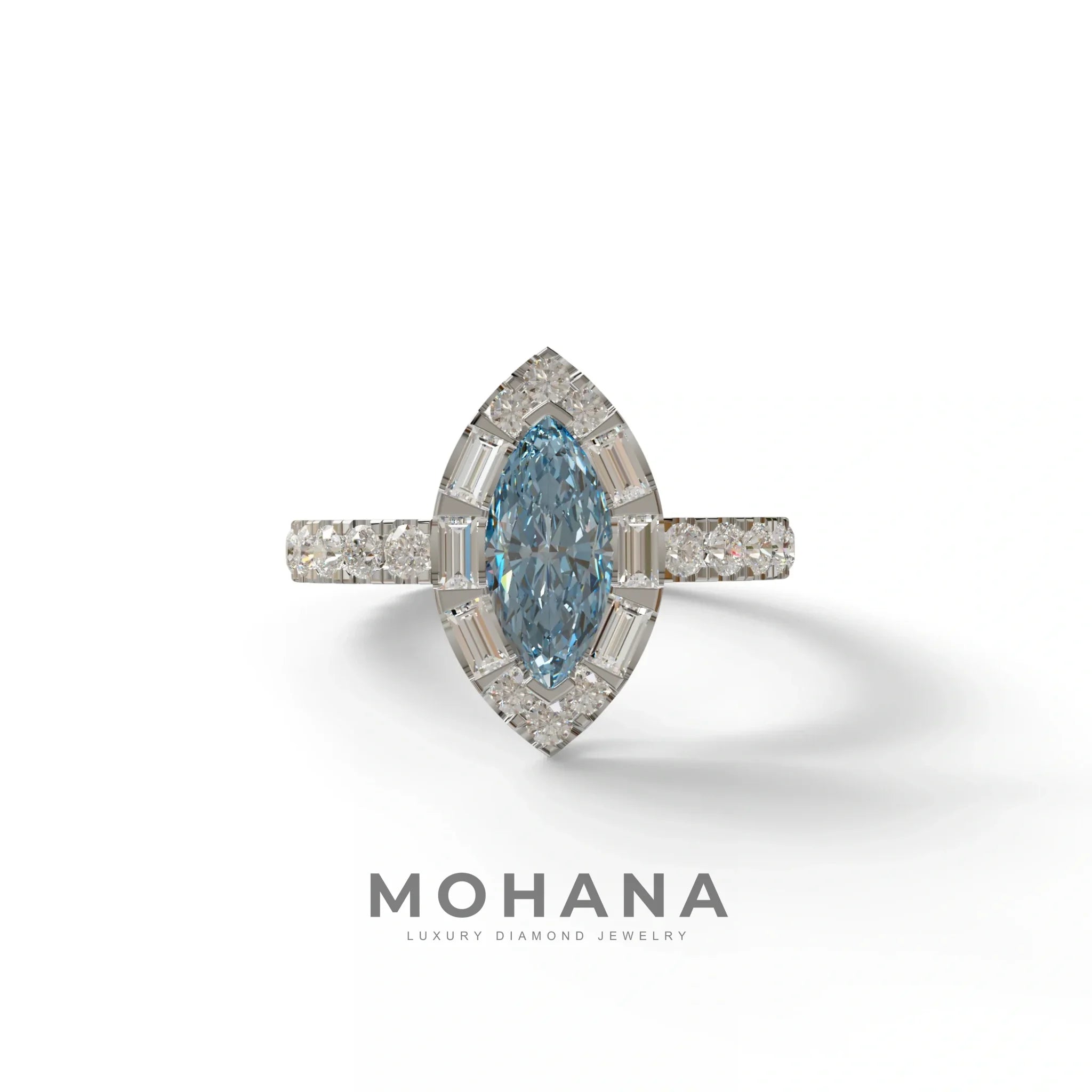 1 Carat Blue Marquise Halo Pave Lab Grown Diamond Ring - Luxe - 10K Solid Gold / White Gold