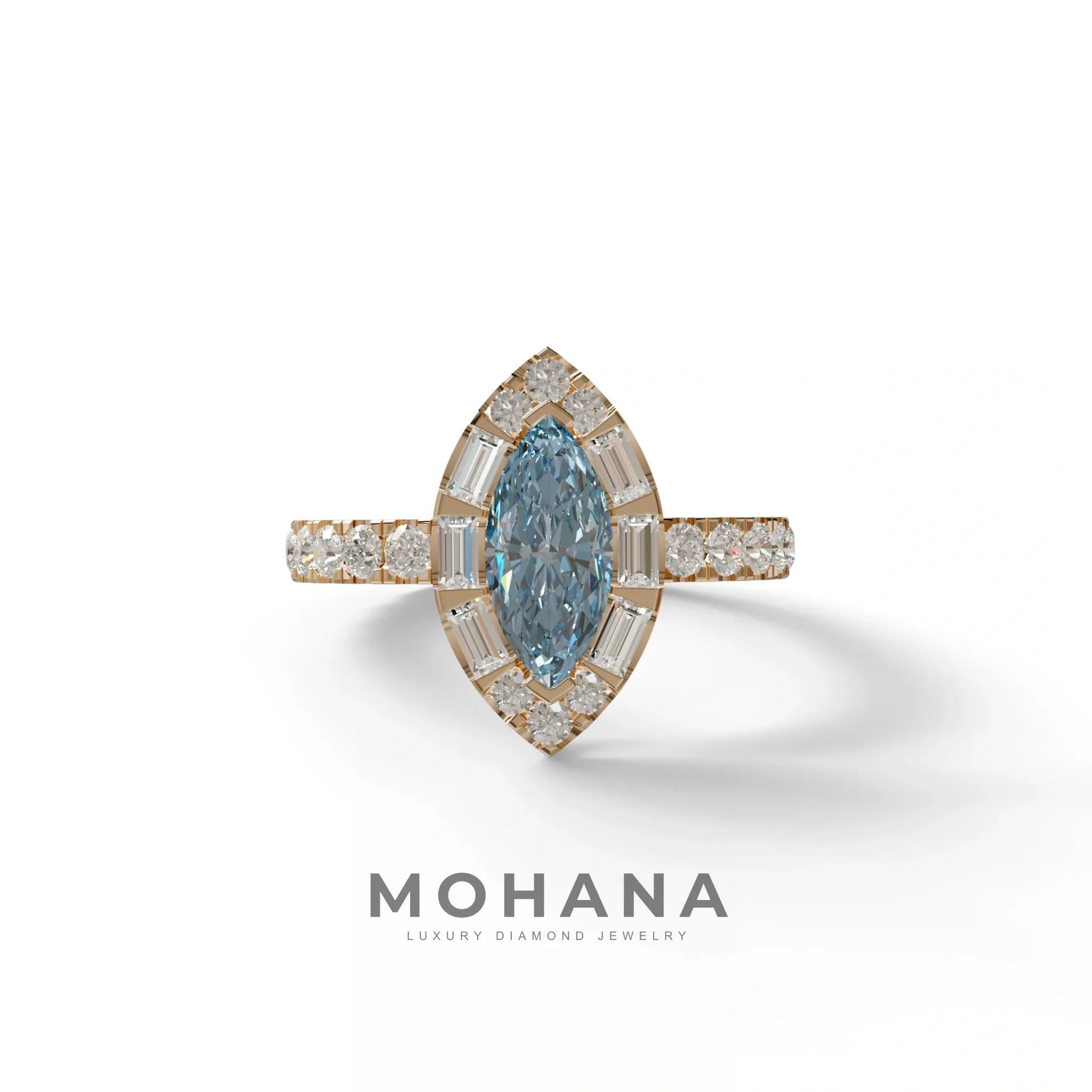 1 Carat Blue Marquise Halo Pave Lab Grown Diamond Ring - Luxe - 10K Solid Gold / Rose Gold