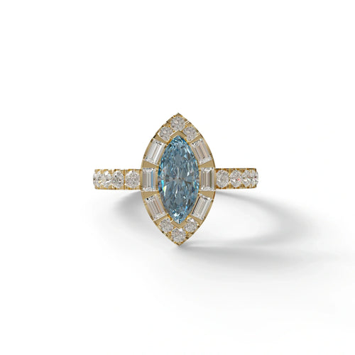 1 Carat Blue Marquise Halo Pave Lab Grown Diamond Ring - Luxe - 10K Solid Gold / Yellow Gold