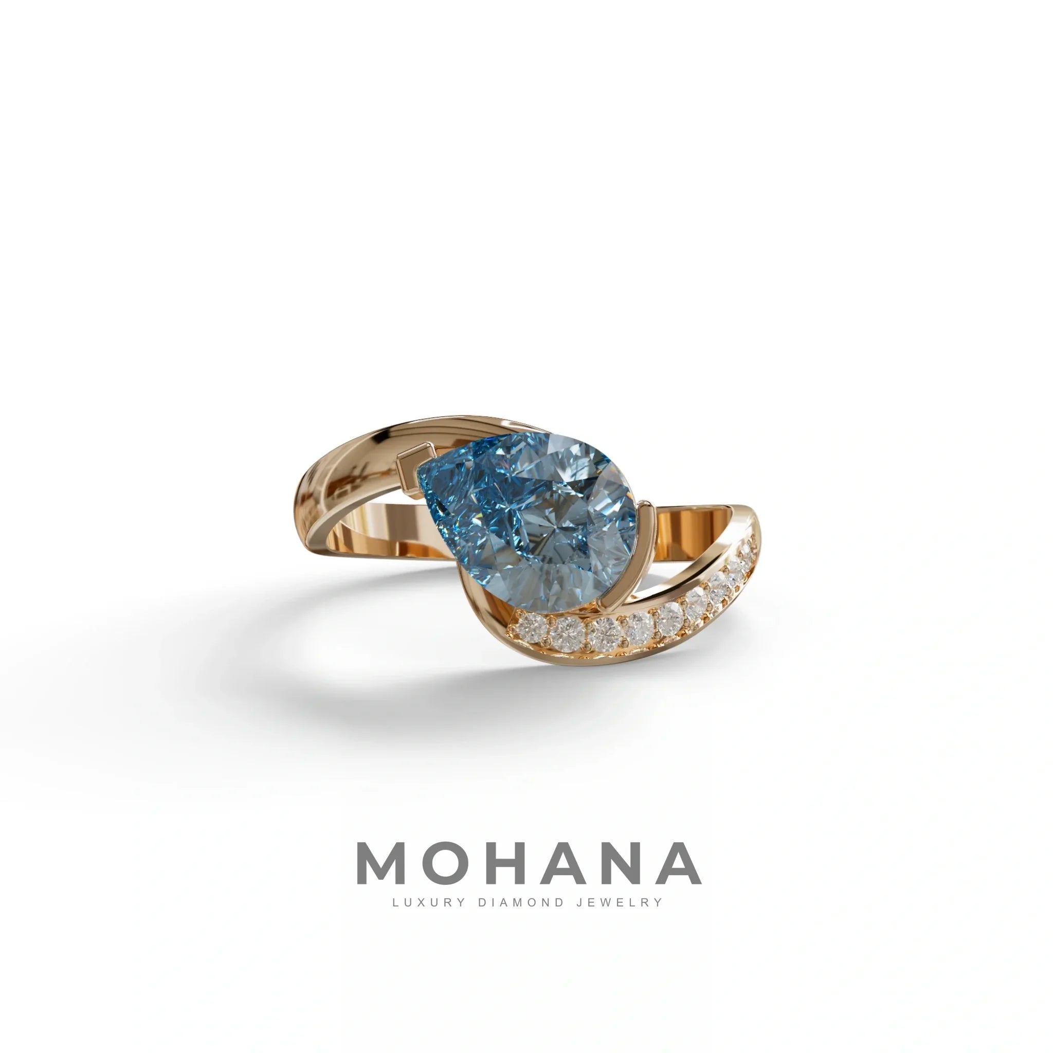 1 Carat Blue Pear Cut Unique Lab Grown Diamond Ring - Capricorn - 10K Solid Gold / Rose Gold