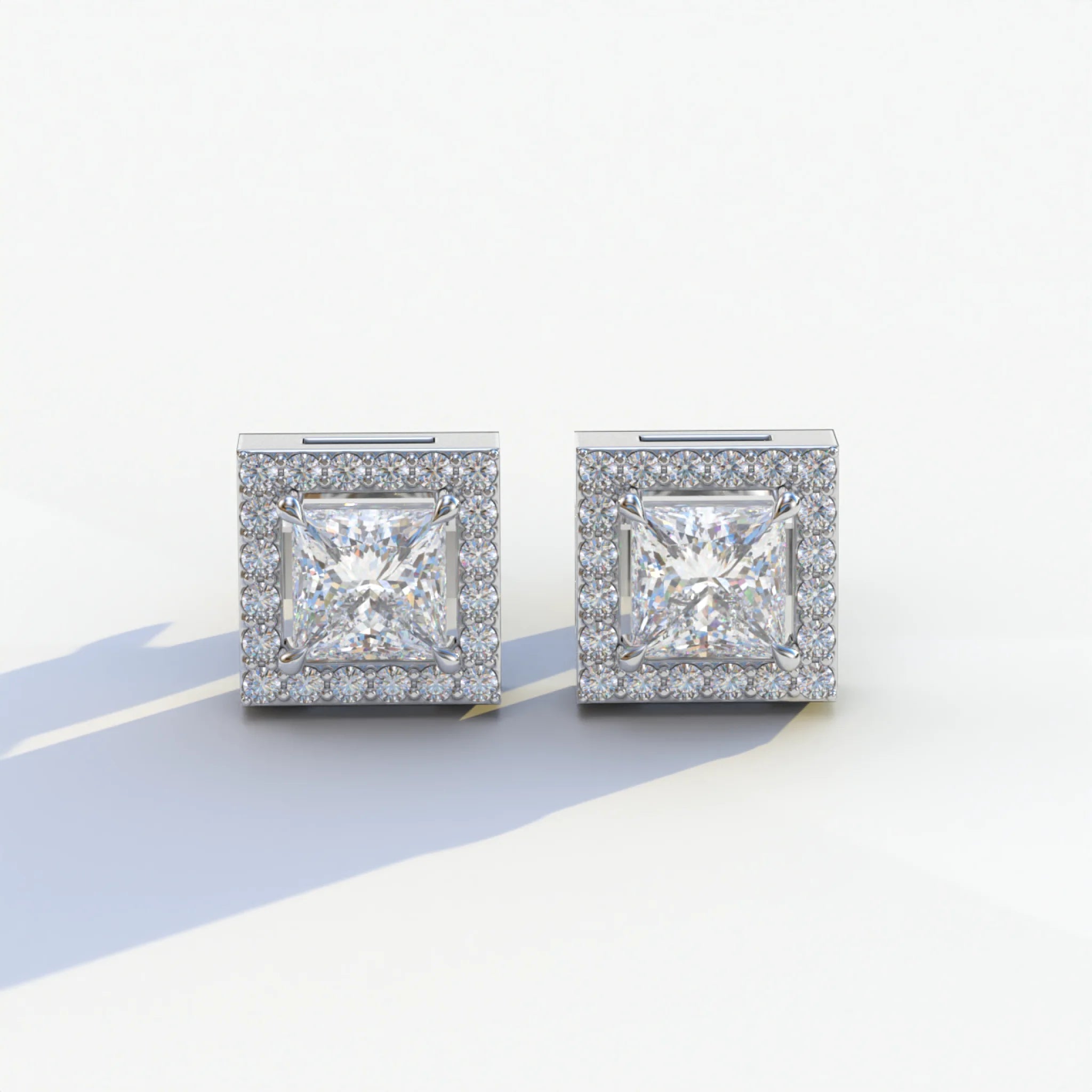 1 Carat E-VVS Princess Cut Lab Grown Diamond Halo Stud Earrings - 10K Solid Gold / White Gold