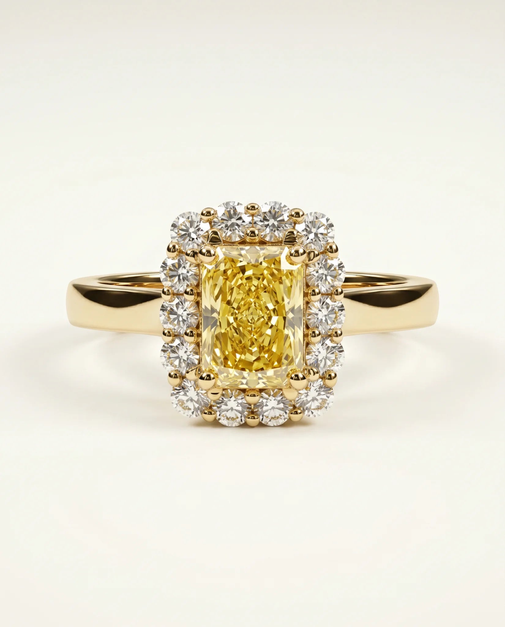 Ready to Ship 1 Carat Fancy Intense Yellow Radiant Cut Halo Yellow Gold Diamond Ring — view 5