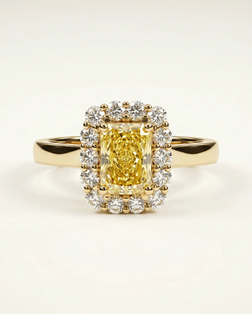 Ready to Ship 1 Carat Fancy Intense Yellow Radiant Cut Halo Yellow Gold Diamond Ring — view 5