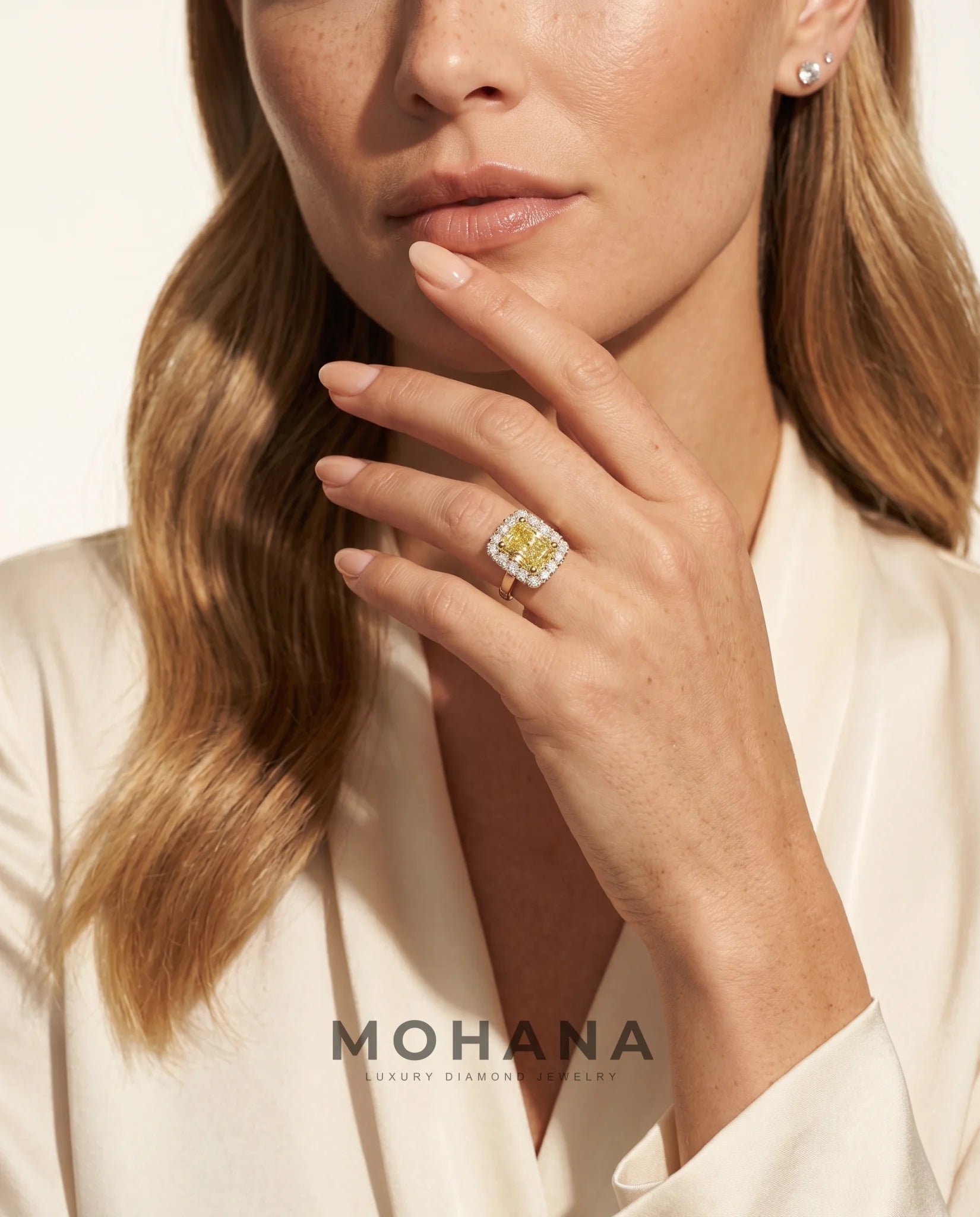 Ready to Ship 1 Carat Fancy Intense Yellow Radiant Cut Halo Yellow Gold Diamond Ring — view 12