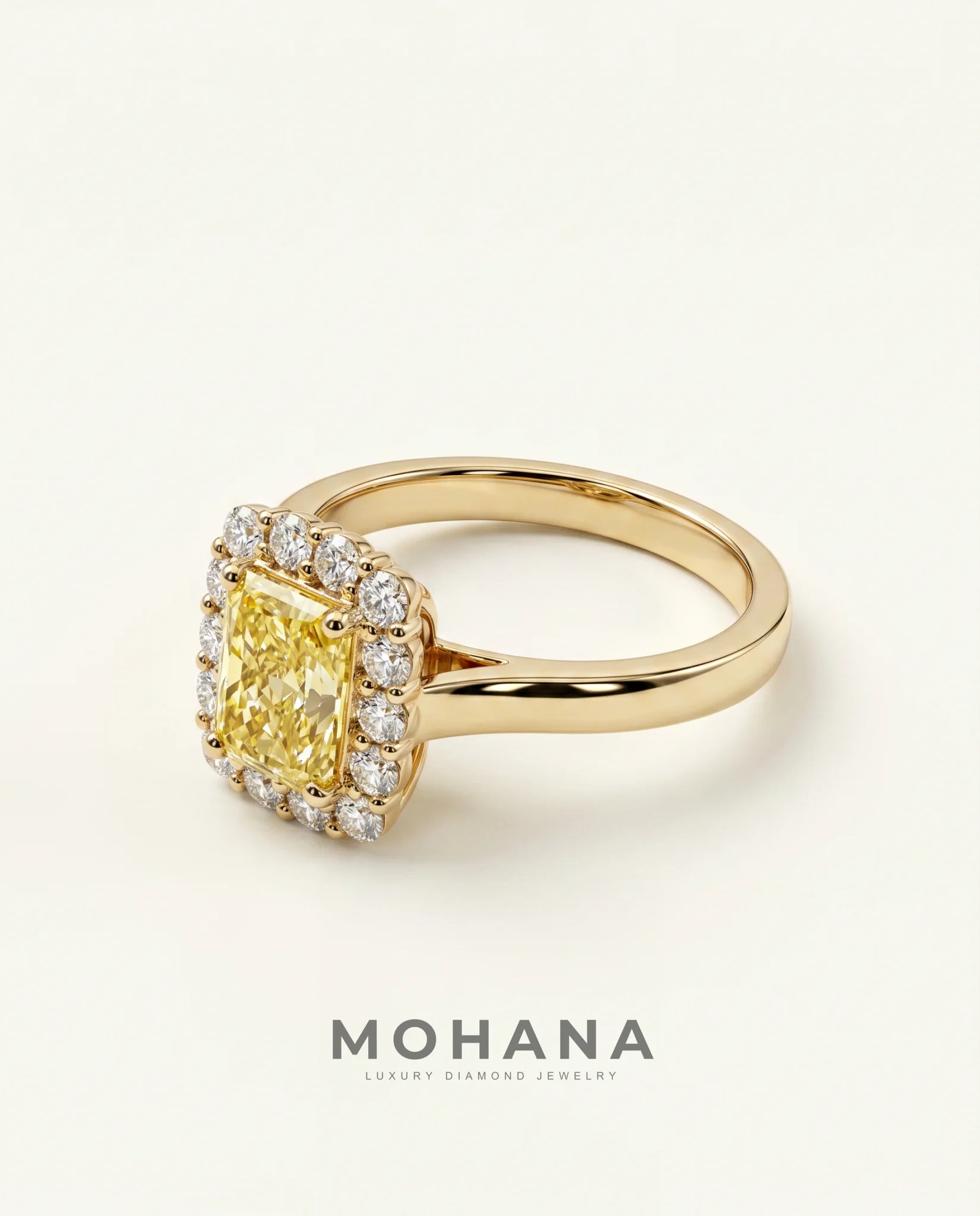 Ready to Ship 1 Carat Fancy Intense Yellow Radiant Cut Halo Yellow Gold Diamond Ring — view 4