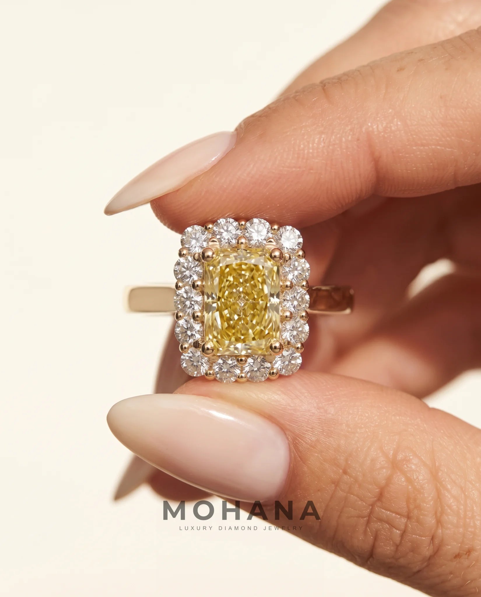 Ready to Ship 1 Carat Fancy Intense Yellow Radiant Cut Halo Yellow Gold Diamond Ring — view 7