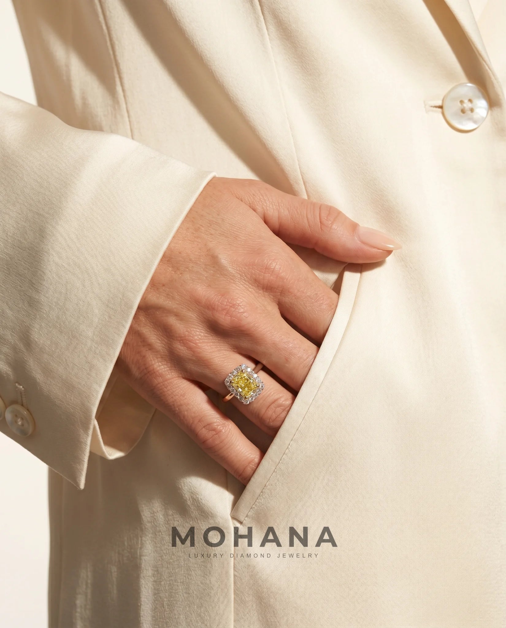 Ready to Ship 1 Carat Fancy Intense Yellow Radiant Cut Halo Yellow Gold Diamond Ring — view 15