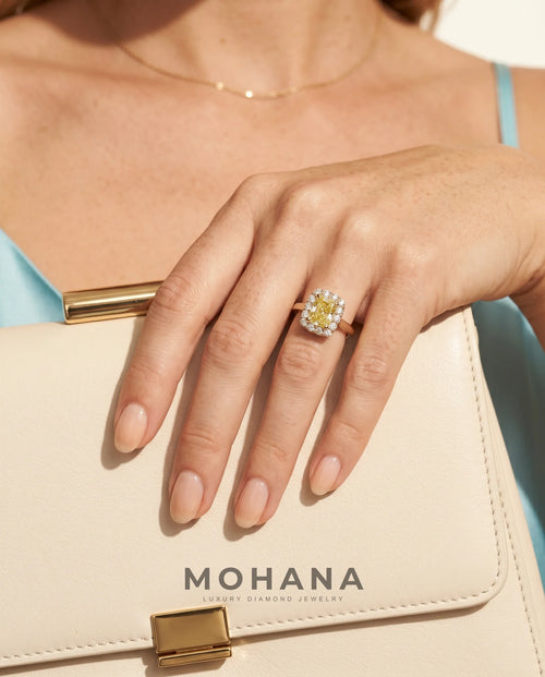 Ready to Ship 1 Carat Fancy Intense Yellow Radiant Cut Halo Yellow Gold Diamond Ring — view 16