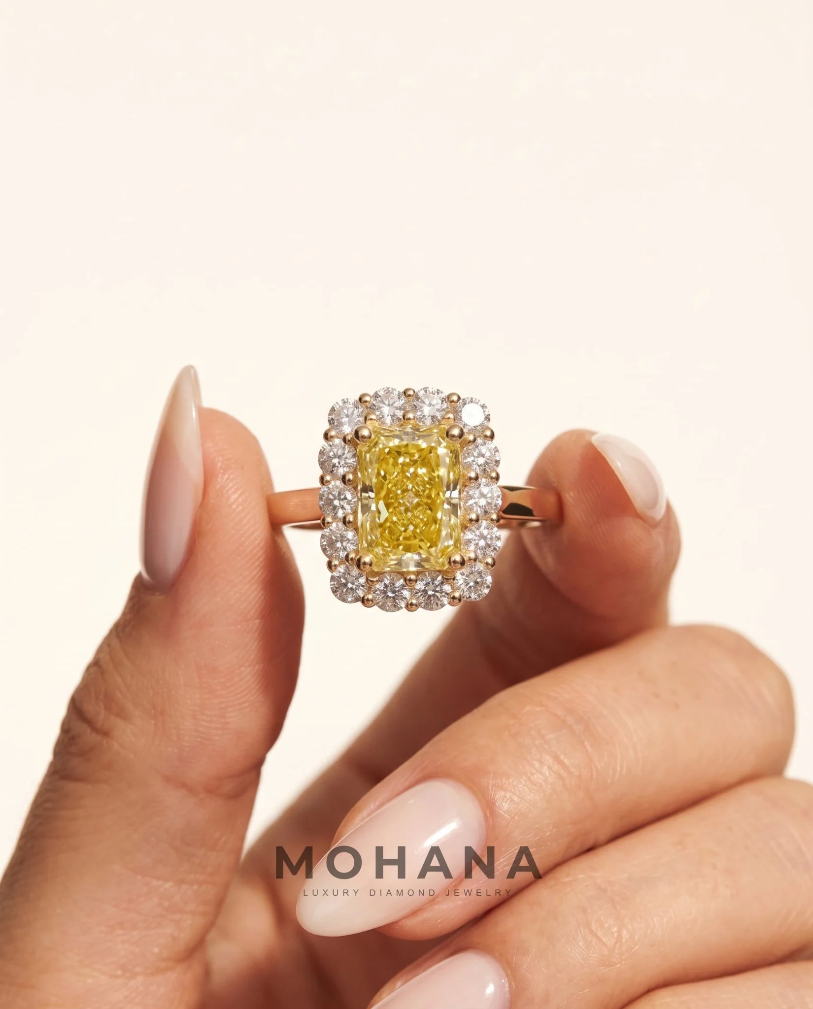 Ready to Ship 1 Carat Fancy Intense Yellow Radiant Cut Halo Yellow Gold Diamond Ring — view 9