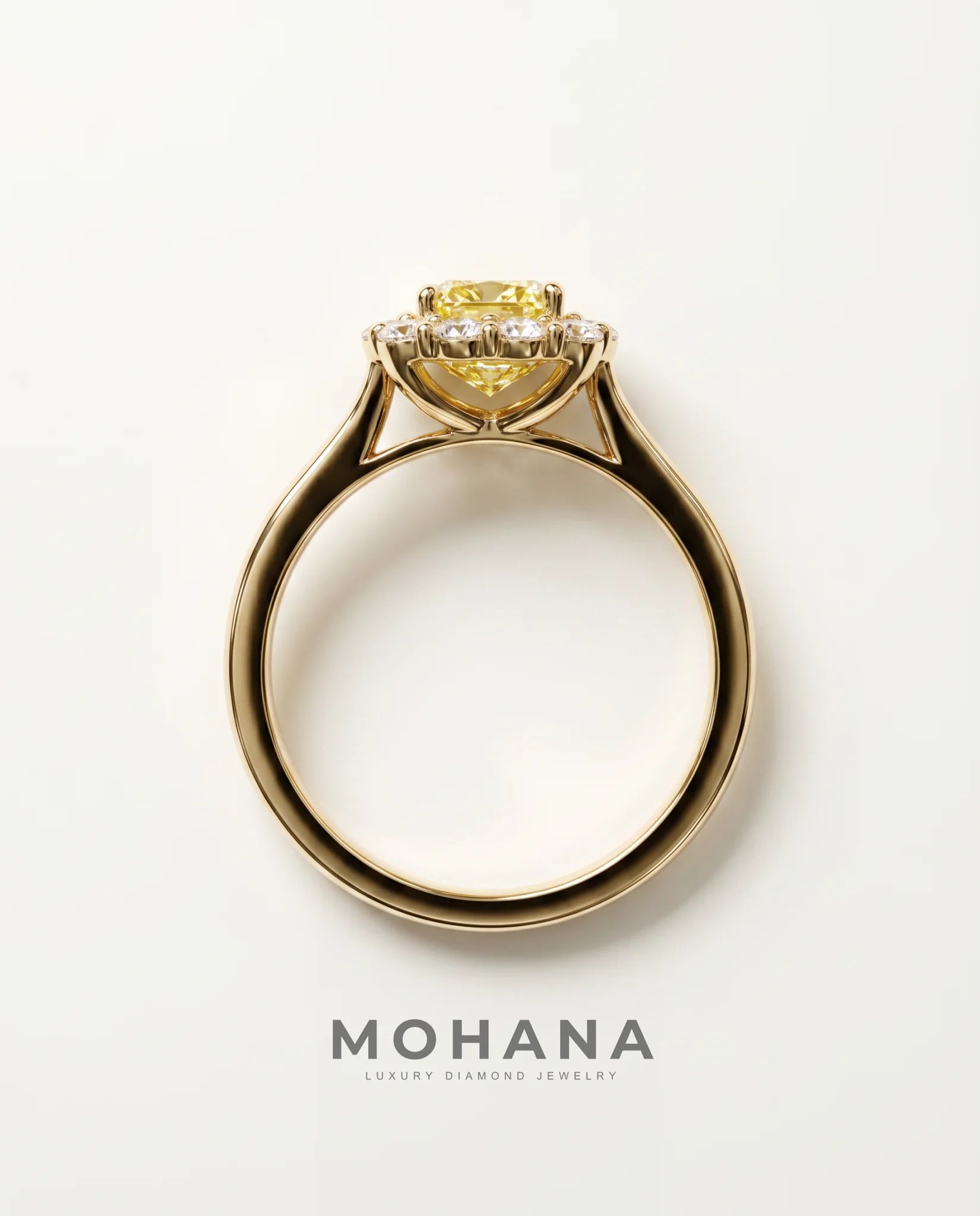 Ready to Ship 1 Carat Fancy Intense Yellow Radiant Cut Halo Yellow Gold Diamond Ring — view 2