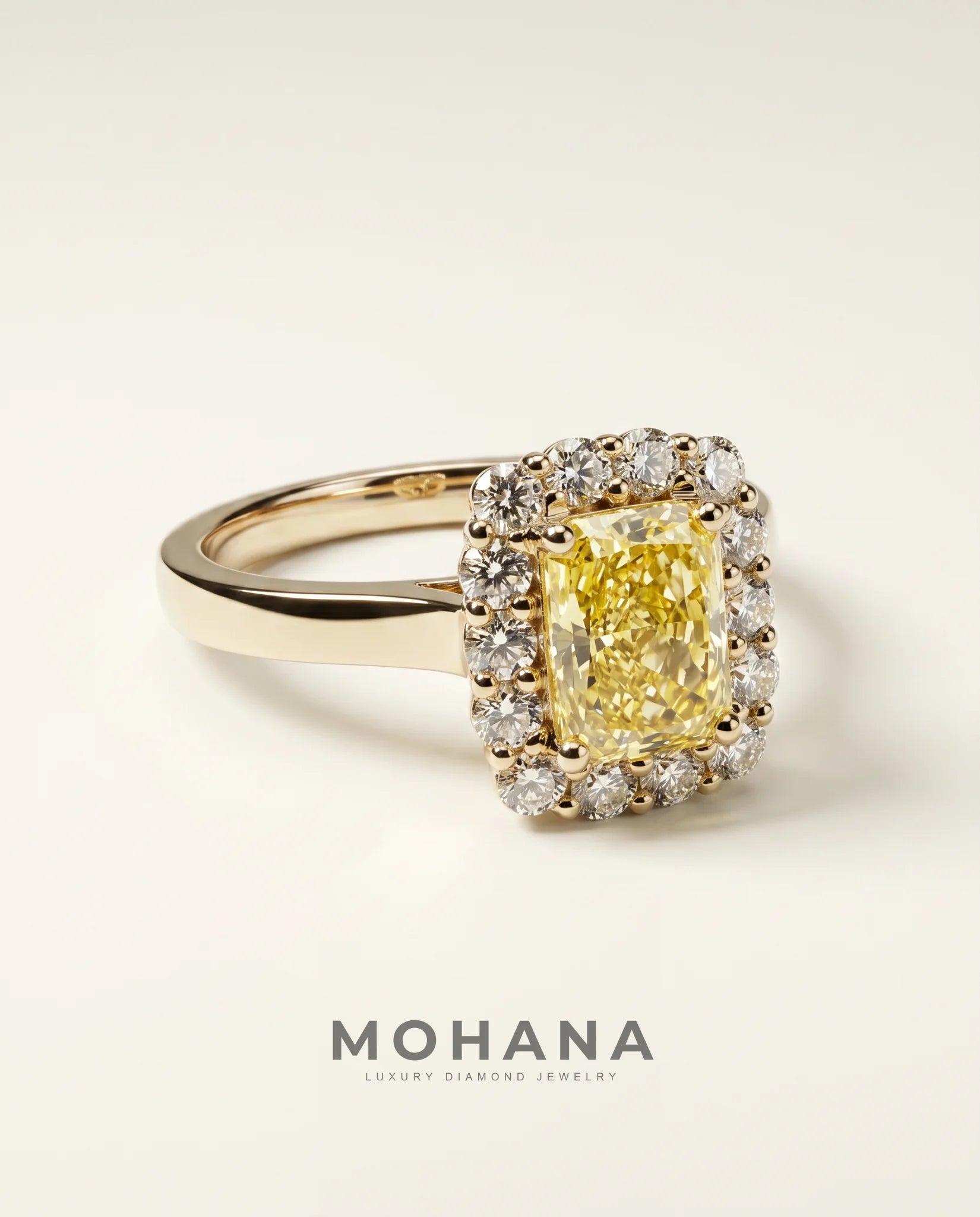 Ready to Ship 1 Carat Fancy Intense Yellow Radiant Cut Halo Yellow Gold Diamond Ring — view 1