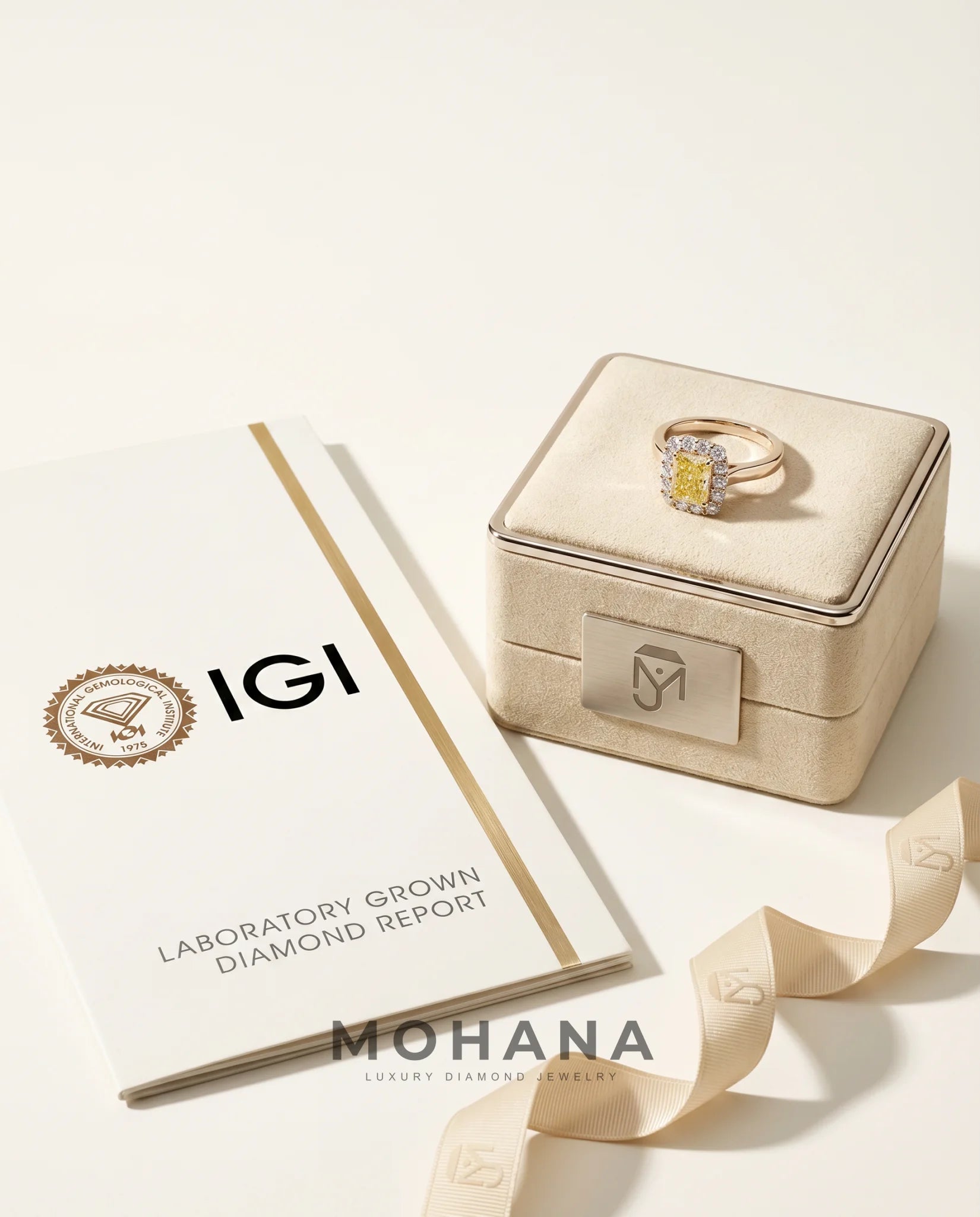 Ready to Ship 1 Carat Fancy Intense Yellow Radiant Cut Halo Yellow Gold Diamond Ring — view 6