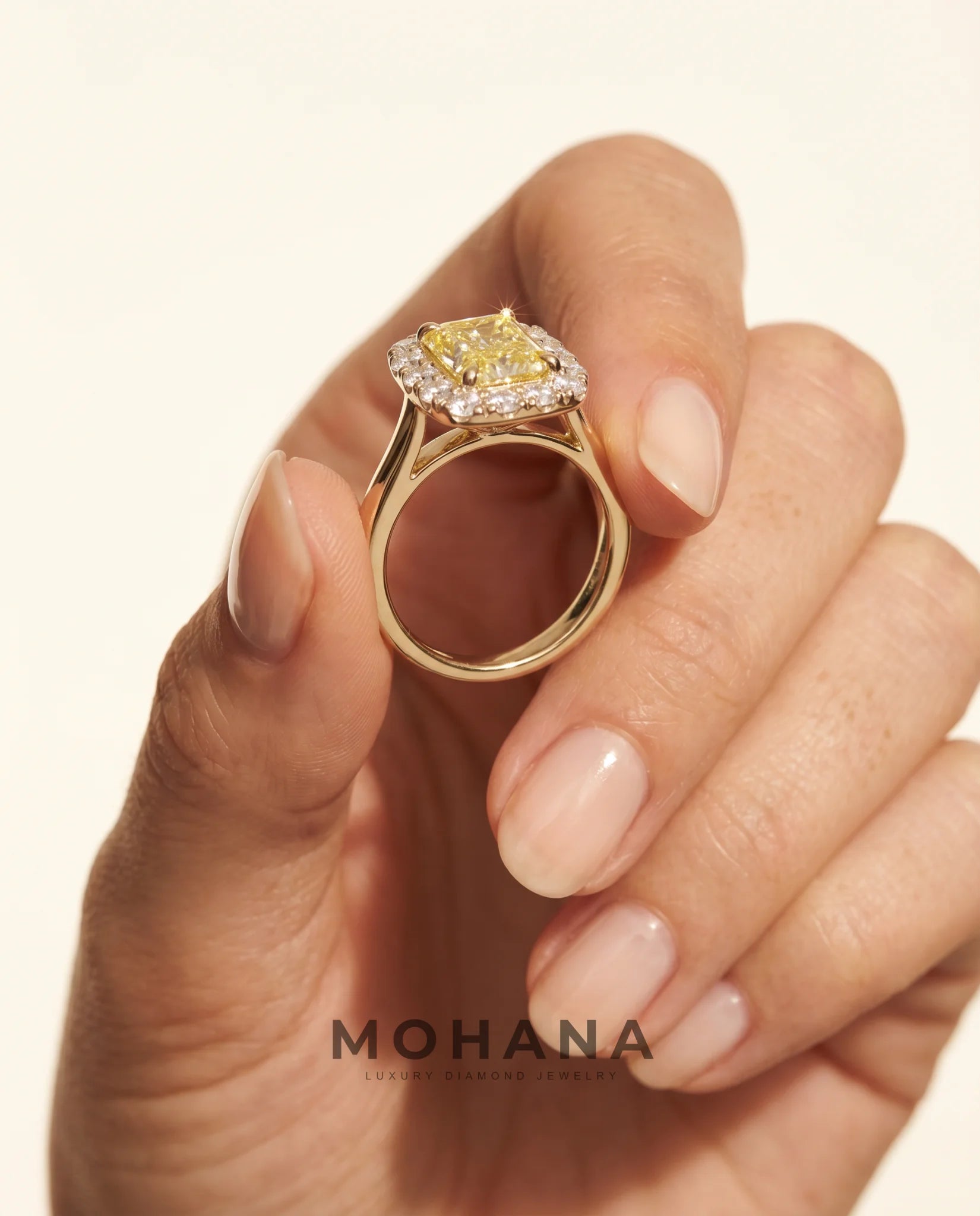 Ready to Ship 1 Carat Fancy Intense Yellow Radiant Cut Halo Yellow Gold Diamond Ring — view 8