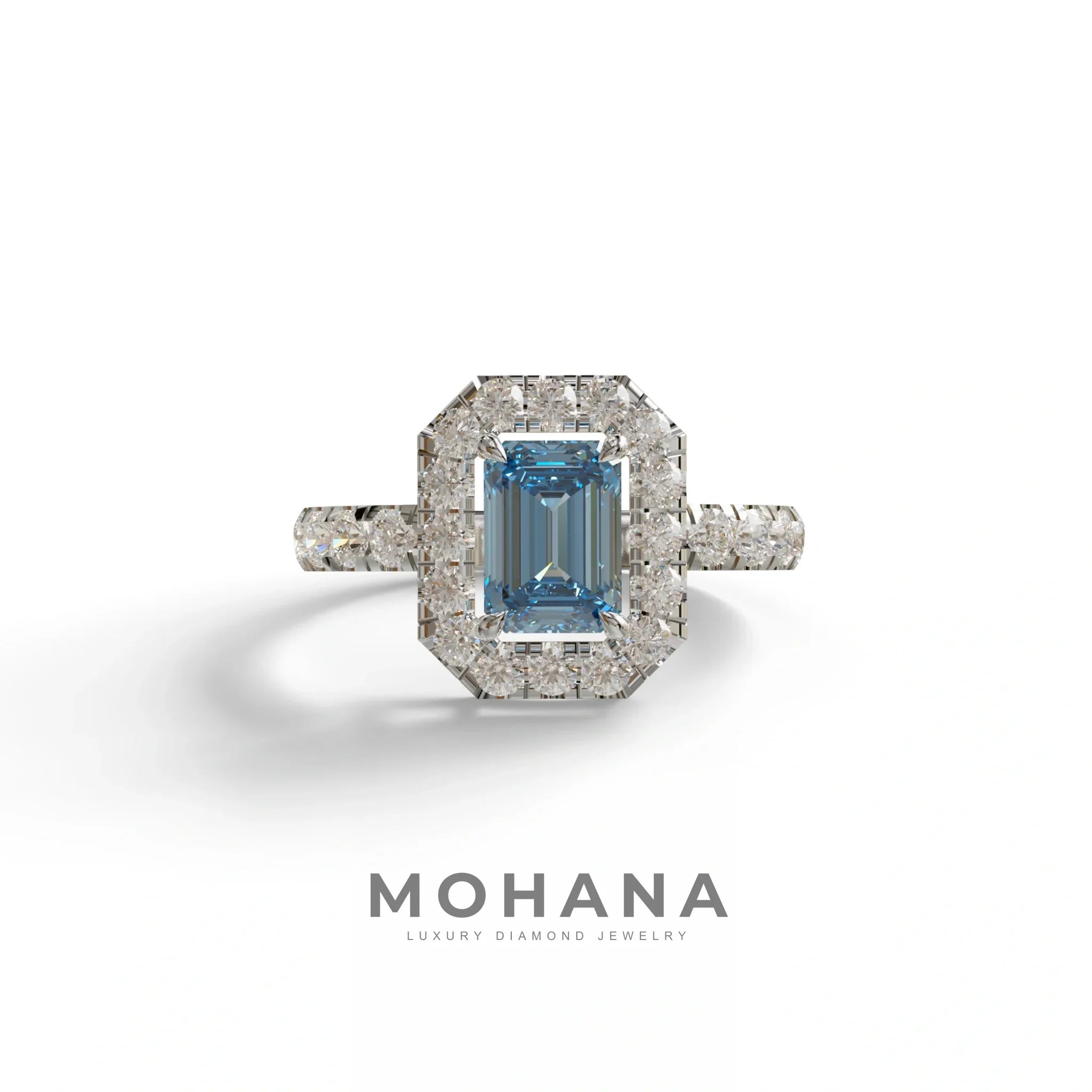 1 Carat Fancy Vivid Blue Emerald Cut Lab Diamond Halo Engagement Ring - Freesia - 10K Solid Gold / White Gold