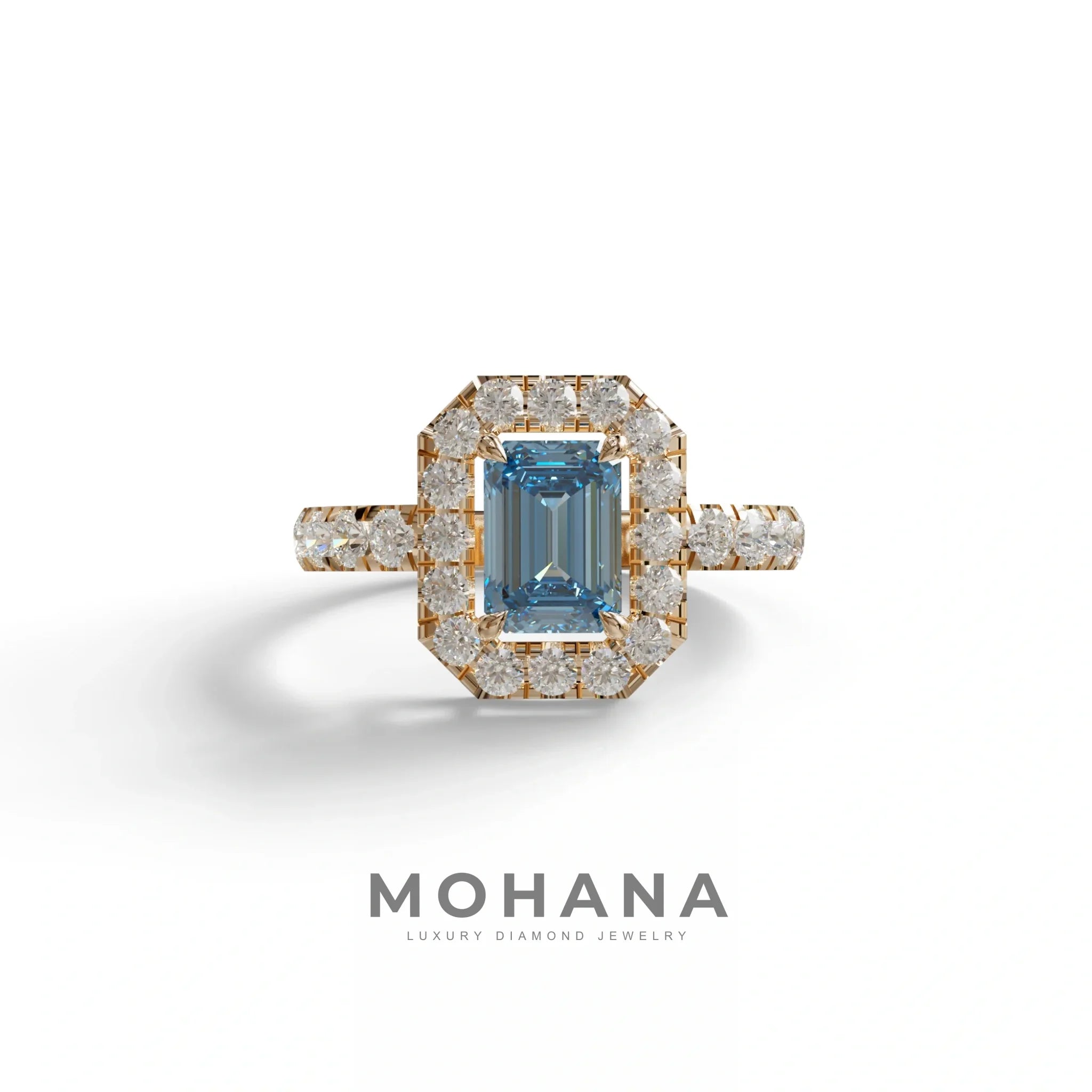 1 Carat Fancy Vivid Blue Emerald Cut Lab Diamond Halo Engagement Ring - Freesia - 10K Solid Gold / Rose Gold