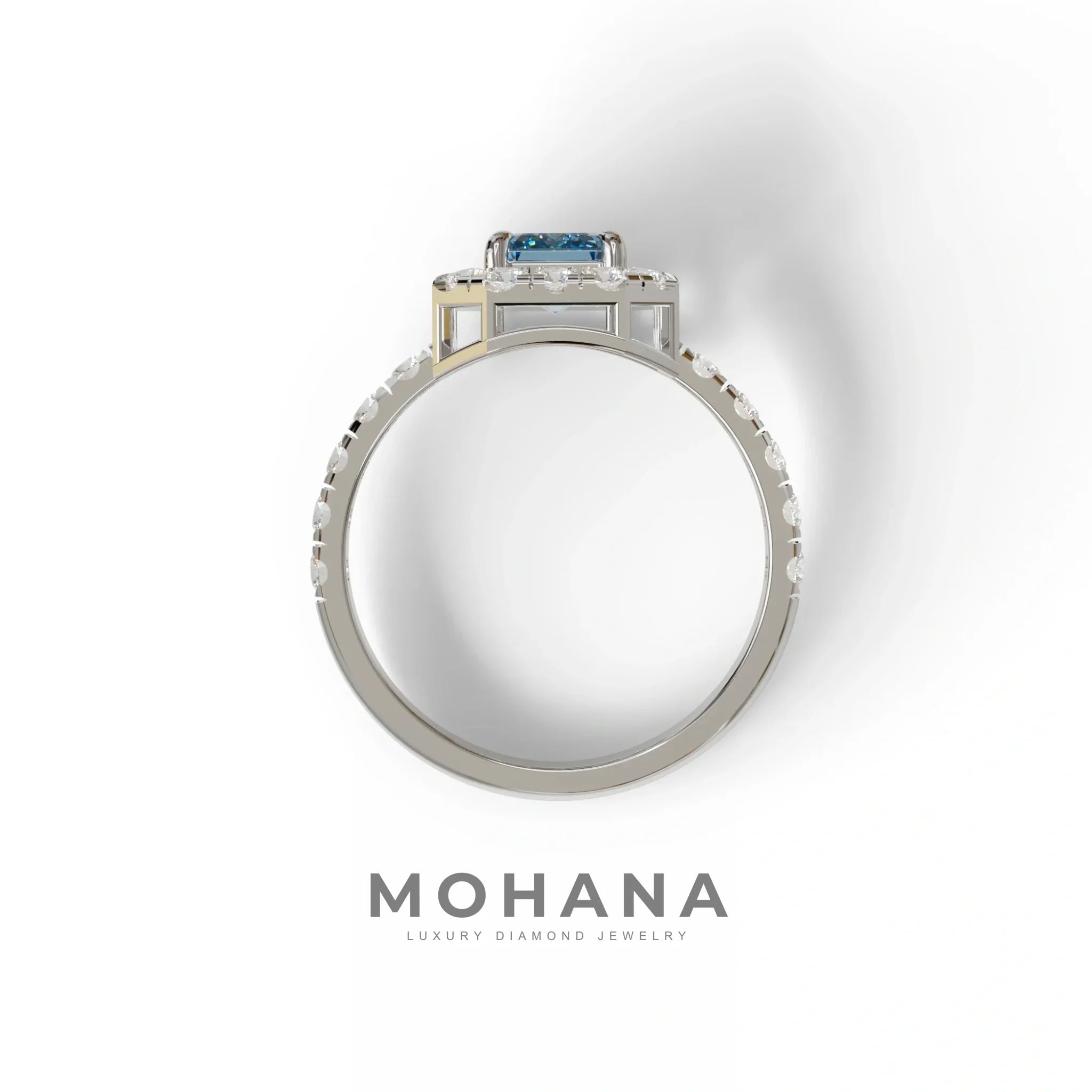 1 Carat Fancy Vivid Blue Emerald Cut Lab Diamond Halo Engagement Ring - Freesia