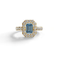 1 Carat Fancy Vivid Blue Emerald Cut Lab Diamond Halo Engagement Ring - Freesia - 10K Solid Gold / Yellow Gold