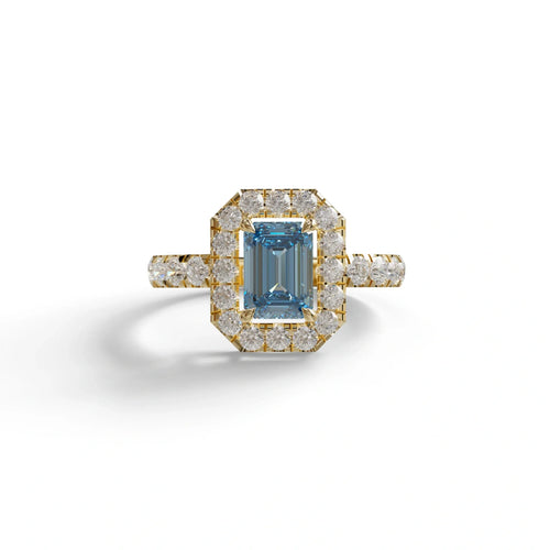1 Carat Fancy Vivid Blue Emerald Cut Lab Diamond Halo Engagement Ring - Freesia - 10K Solid Gold / Yellow Gold