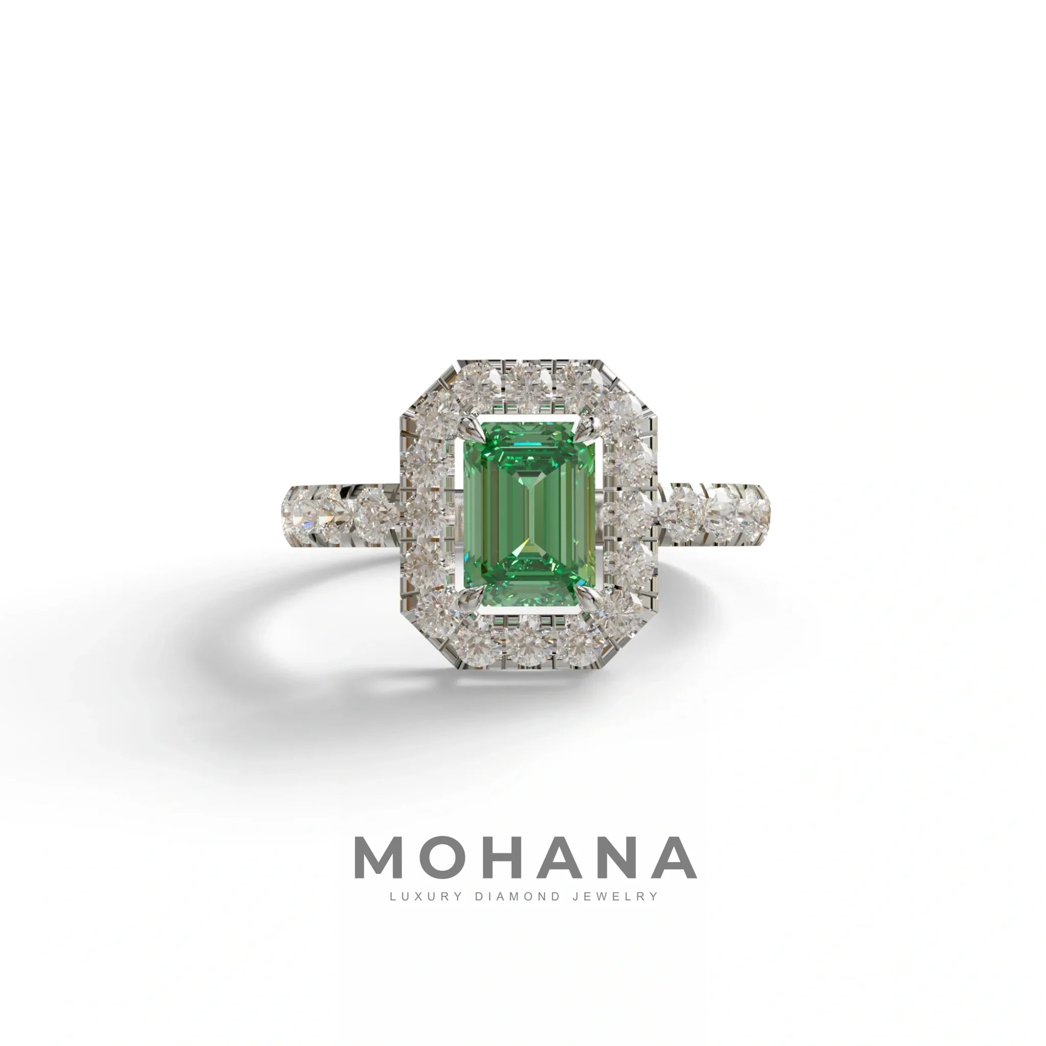 1 Carat Fancy Vivid Green Emerald Cut Lab Grown Diamond Engagement Ring - Freesia - 10K Solid Gold / White Gold