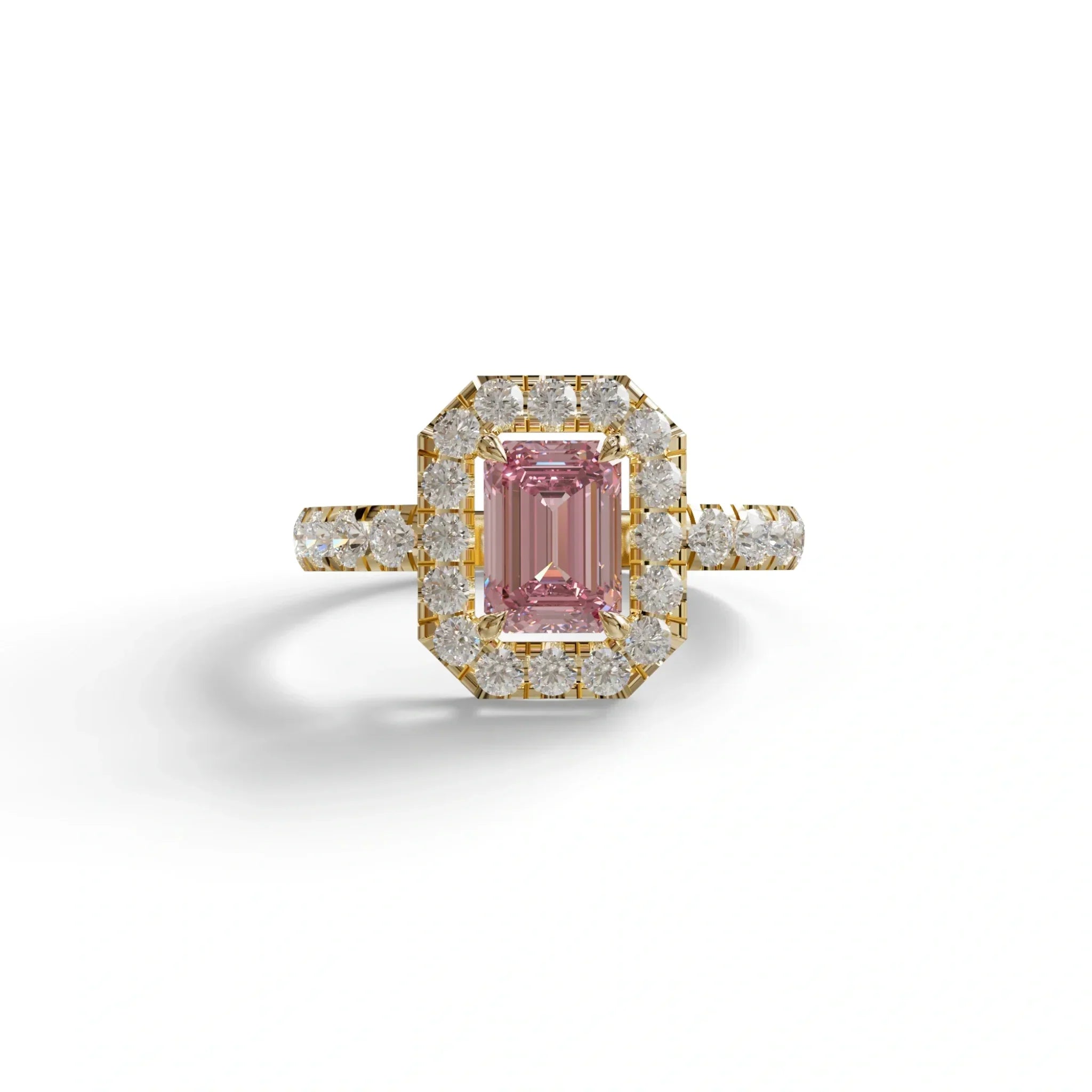1 Carat Fancy Vivid Pink Emerald Cut Lab Diamond Halo Engagement Ring - Freesia - 10K Solid Gold / Yellow Gold