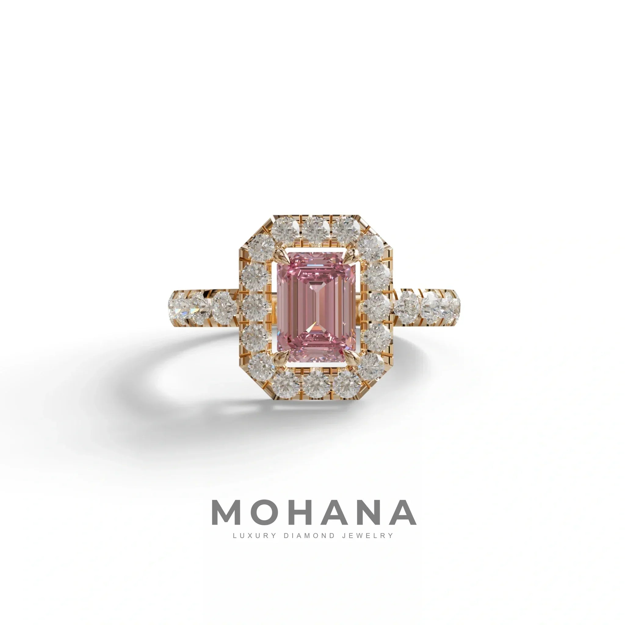 1 Carat Fancy Vivid Pink Emerald Cut Lab Diamond Halo Engagement Ring - Freesia - 10K Solid Gold / Rose Gold