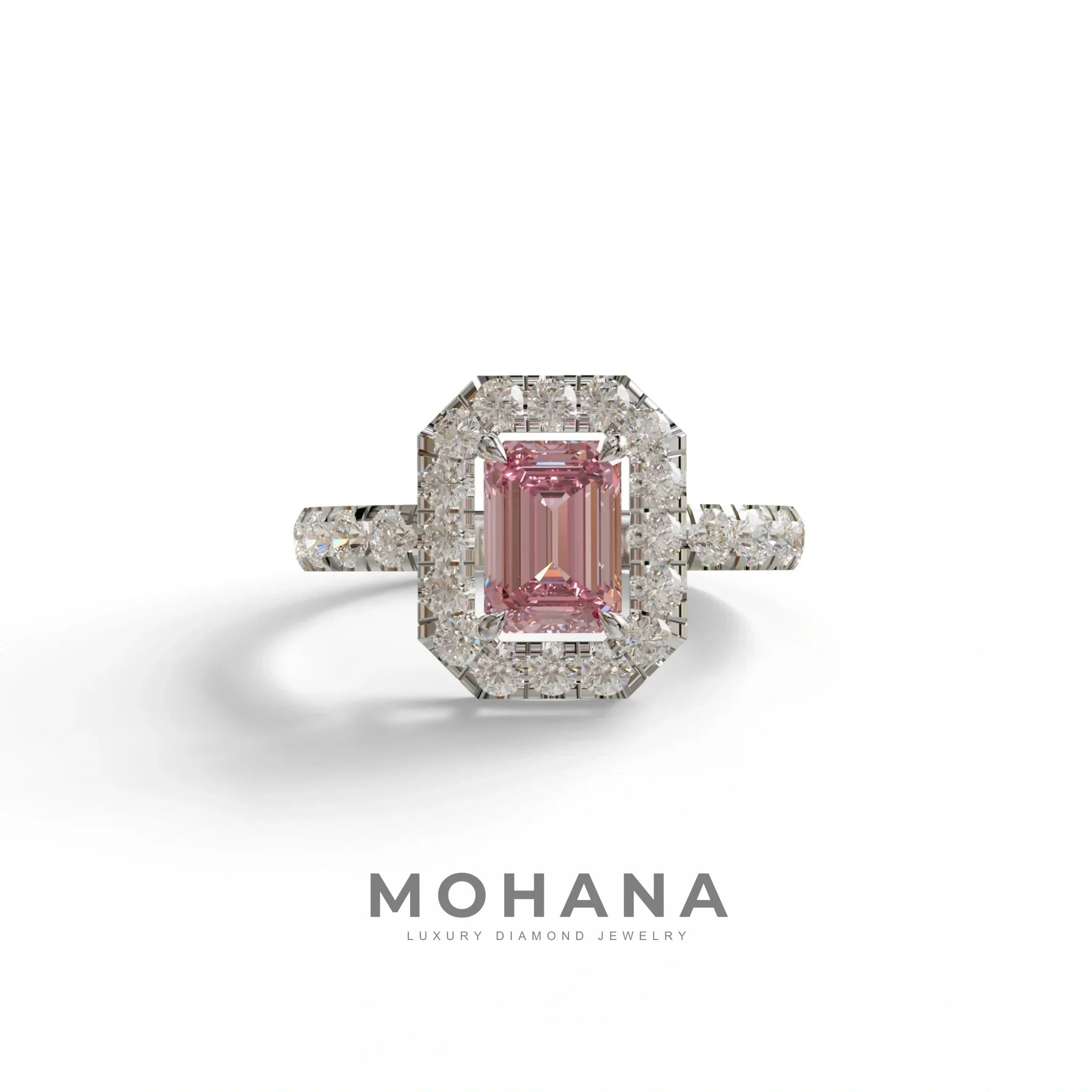 1 Carat Fancy Vivid Pink Emerald Cut Lab Diamond Halo Engagement Ring - Freesia - 10K Solid Gold / White Gold
