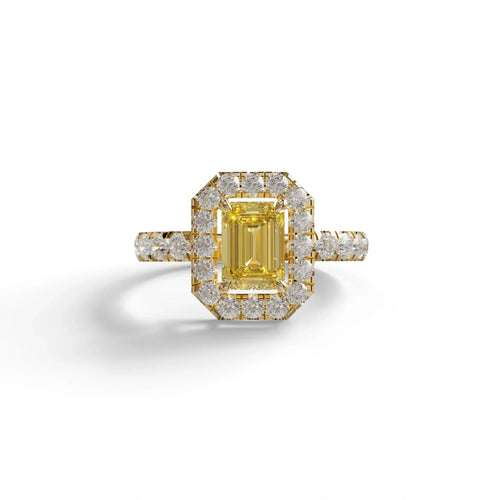 1 Carat Fancy Yellow Emerald Cut Lab Diamond Halo Engagement Ring - Freesia - 10K Solid Gold / Yellow Gold