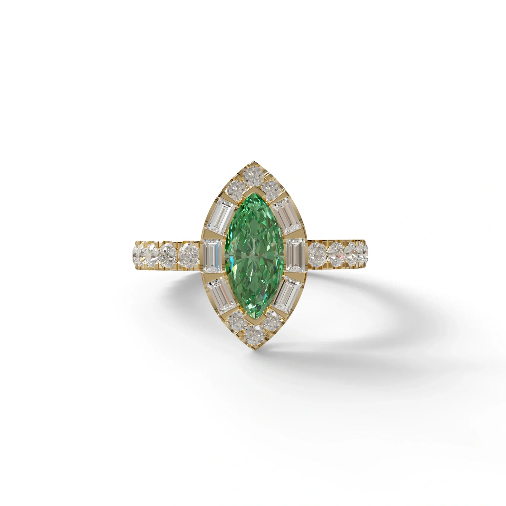 1 Carat Green Marquise Halo Pave Lab Grown Diamond Ring - Luxe - 10K Solid Gold / Yellow Gold