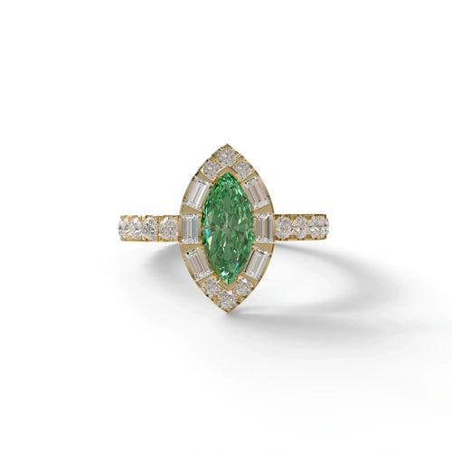 1 Carat Green Marquise Halo Pave Lab Grown Diamond Ring - Luxe - 10K Solid Gold / Yellow Gold
