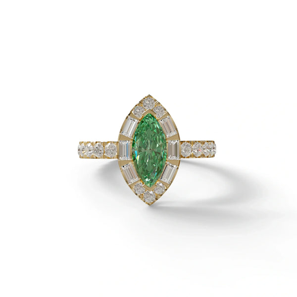 1 Carat Green Lab Grown Diamond Engagement Ring – Marquise Cut Halo & Pavé | Luxe