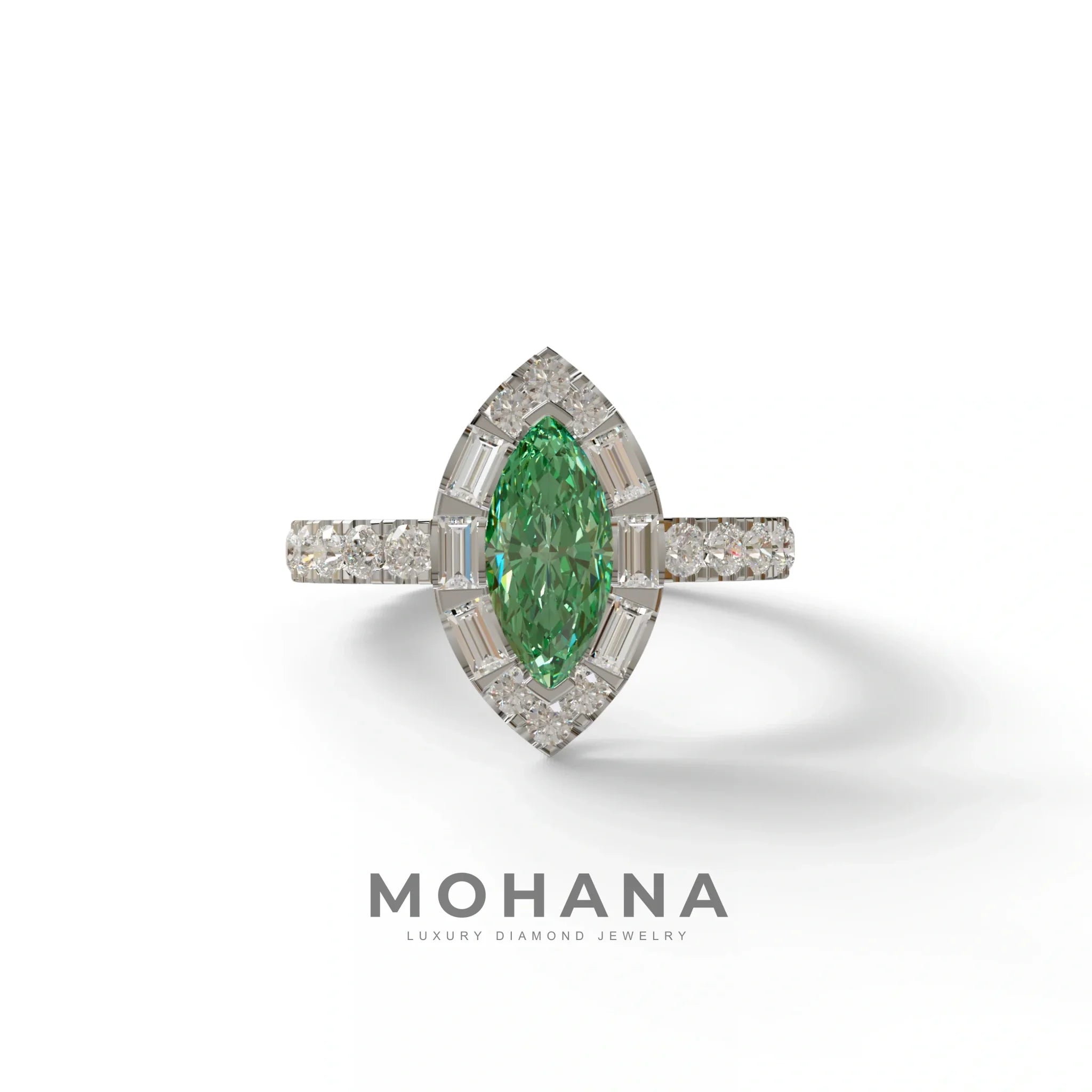 1 Carat Green Marquise Halo Pave Lab Grown Diamond Ring - Luxe - 10K Solid Gold / White Gold