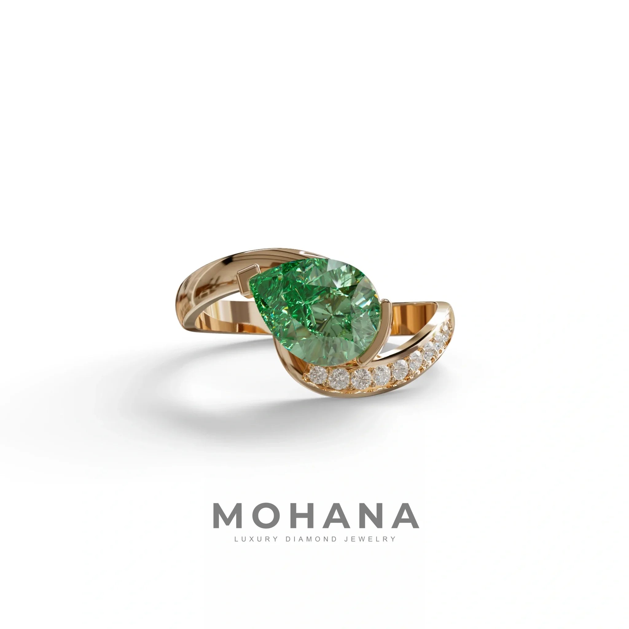 1 Carat Green Pear Cut Unique Lab Grown Diamond Ring - Capricorn - 10K Solid Gold / Rose Gold