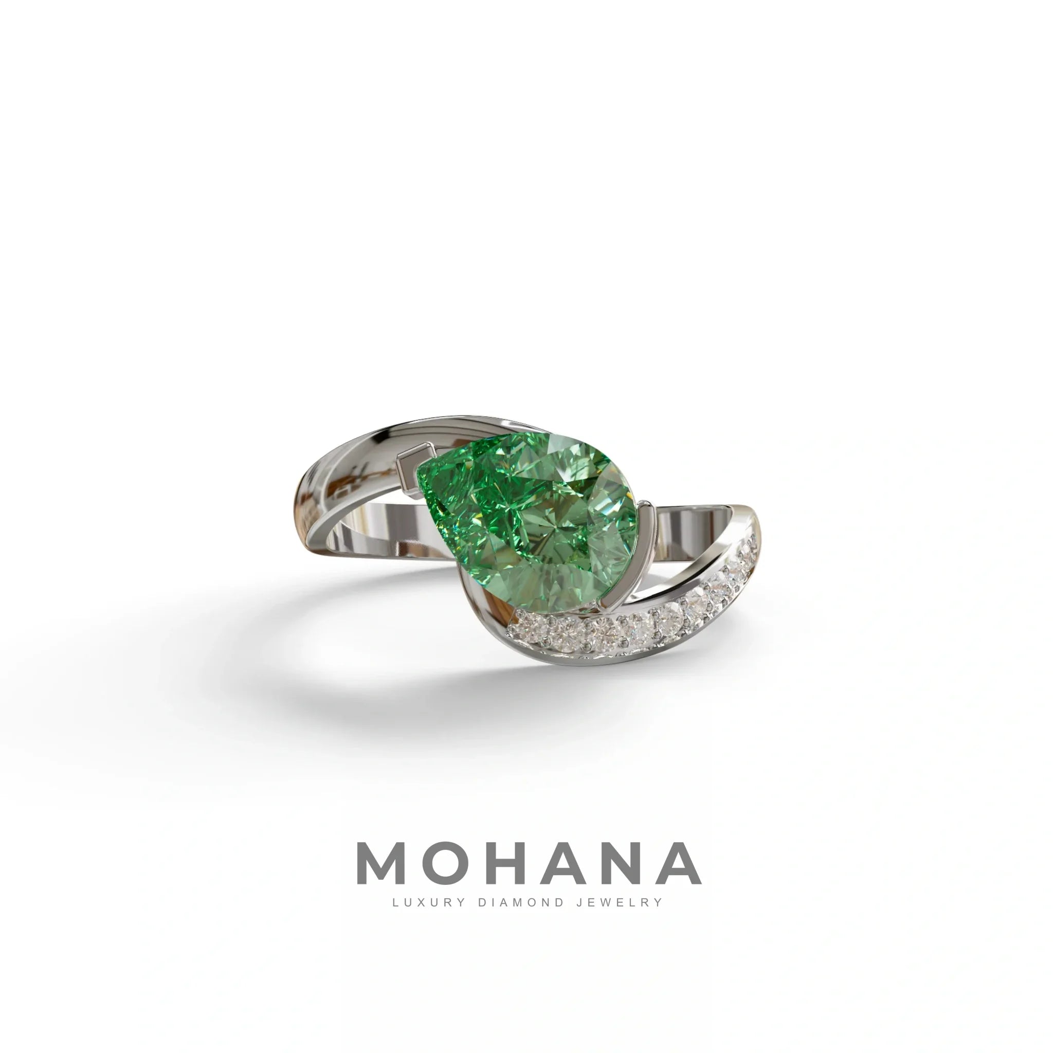 1 Carat Green Pear Cut Unique Lab Grown Diamond Ring - Capricorn - 10K Solid Gold / White Gold