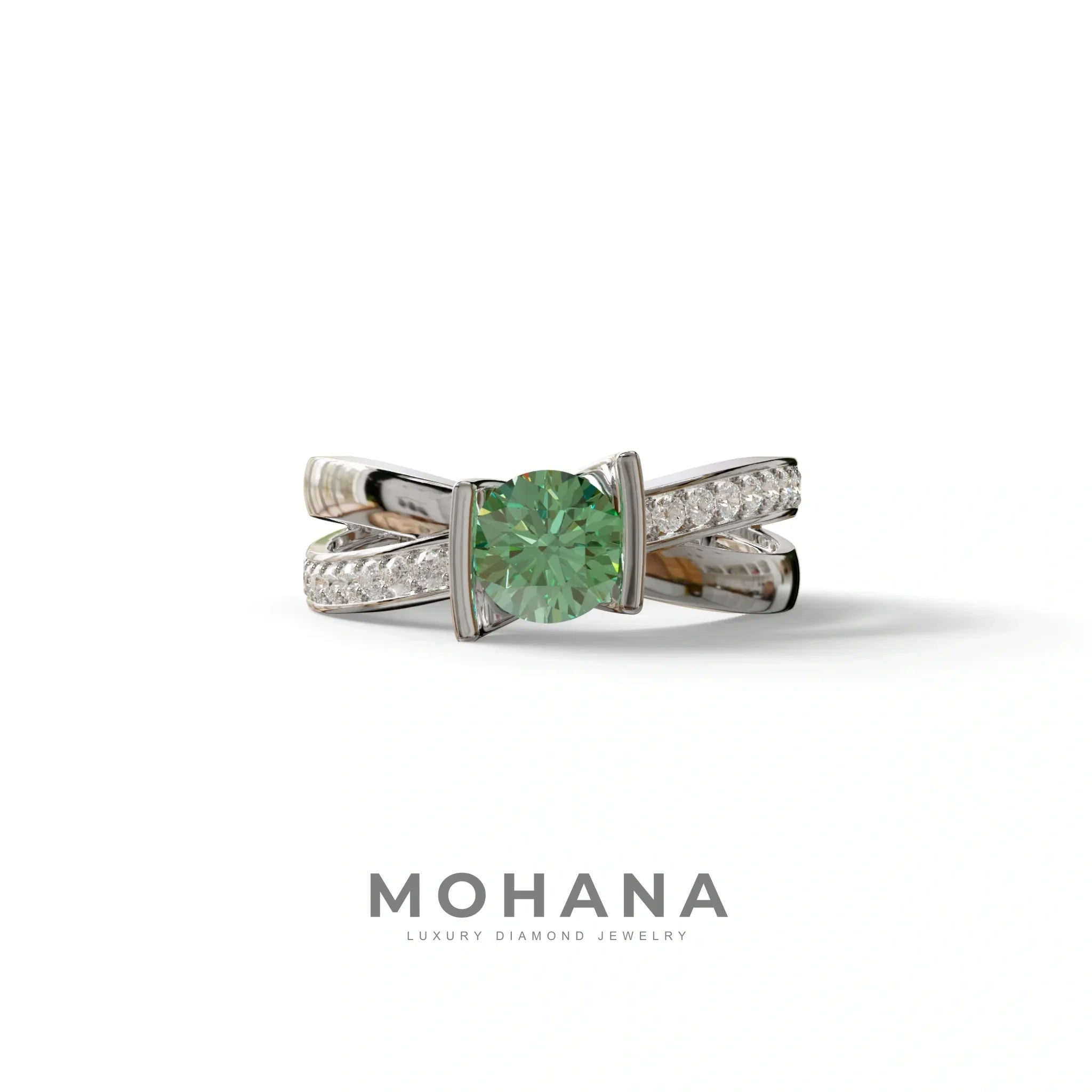 1 Carat Green Round Cut Lab Diamond Crossover Ring Pave Setting - Lisa - 10K Solid Gold / White Gold
