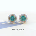 Kiara - Cushion Cut Green Diamond Stud Earrings | Halo Earring Setting - 10K Solid Gold / Rose Gold