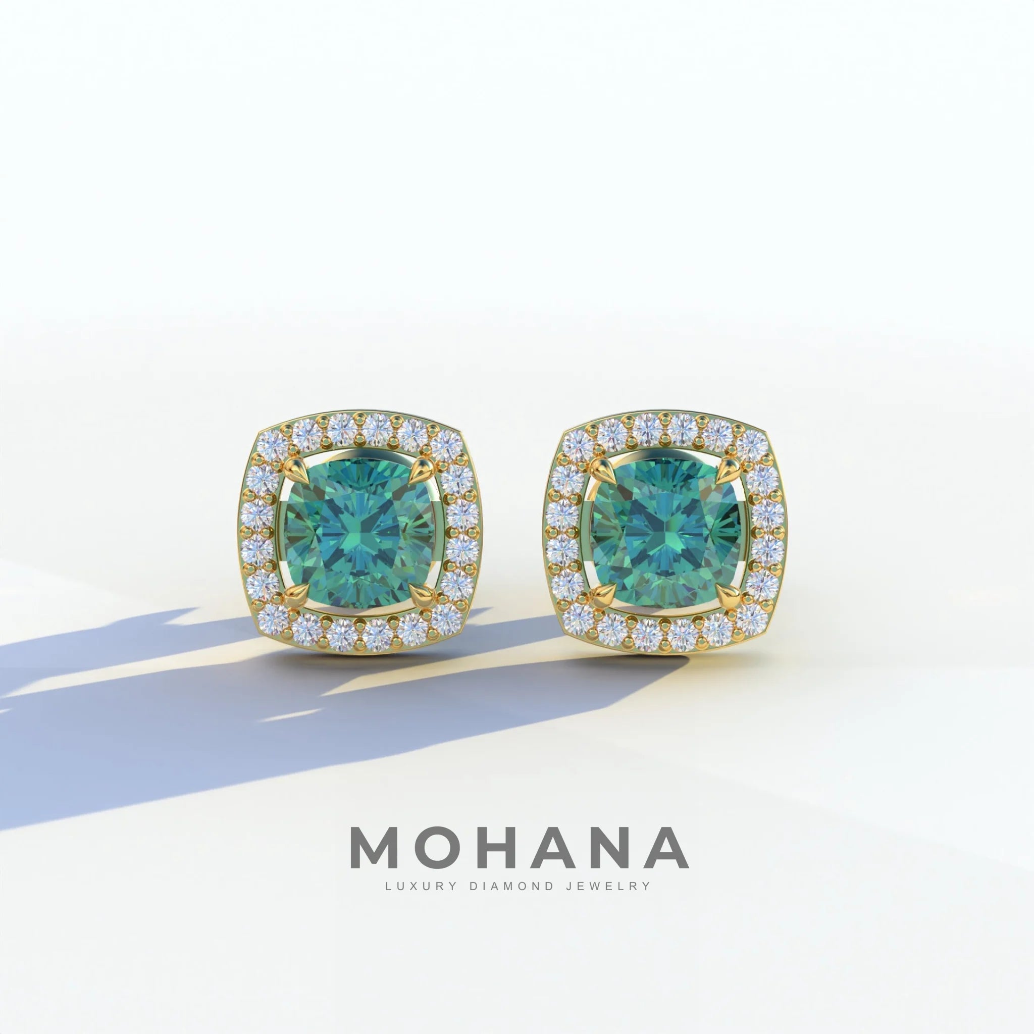 Kiara - Cushion Cut Green Diamond Stud Earrings | Halo Earring Setting - 10K Solid Gold / Yellow Gold
