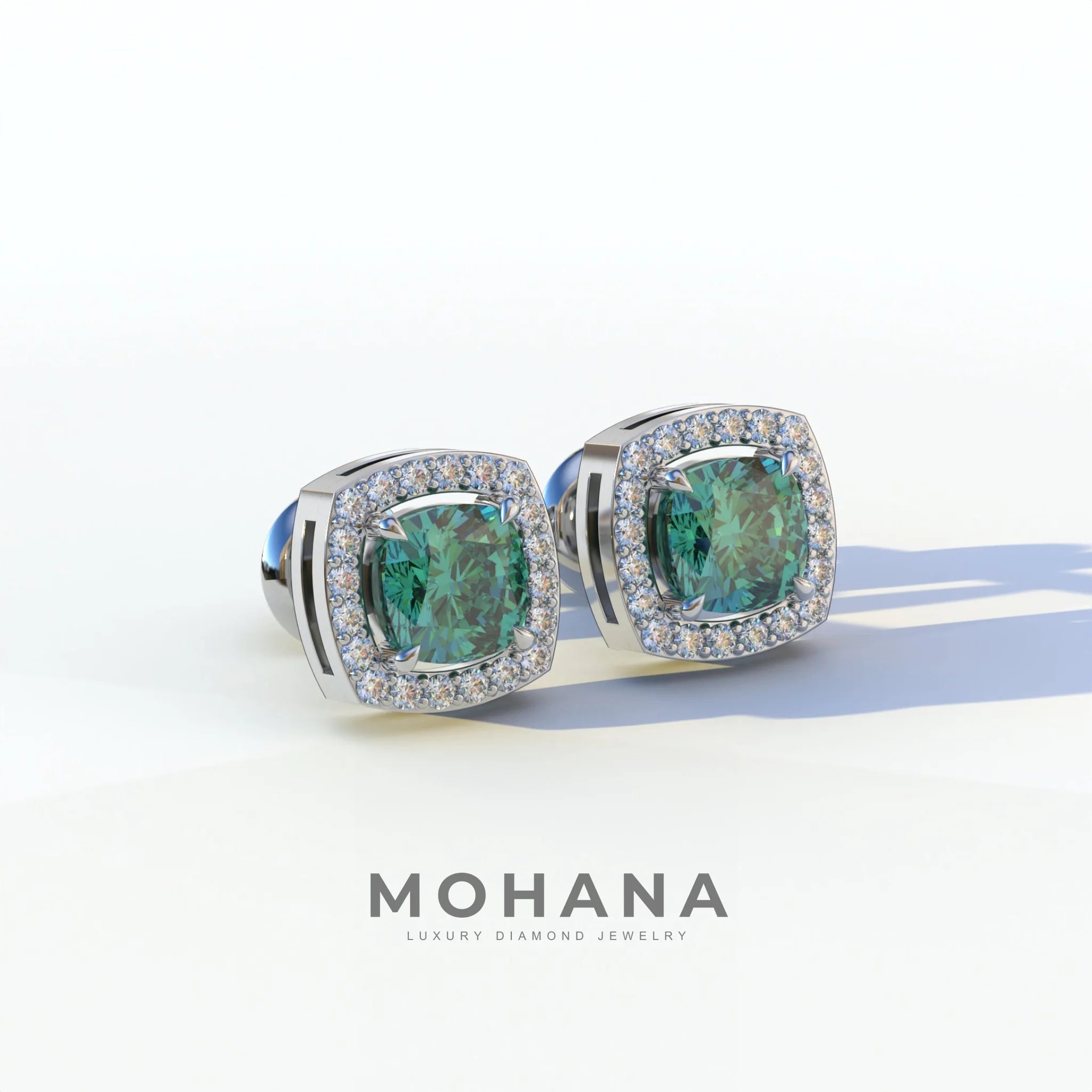 Kiara - Cushion Cut Green Diamond Stud Earrings | Halo Earring Setting