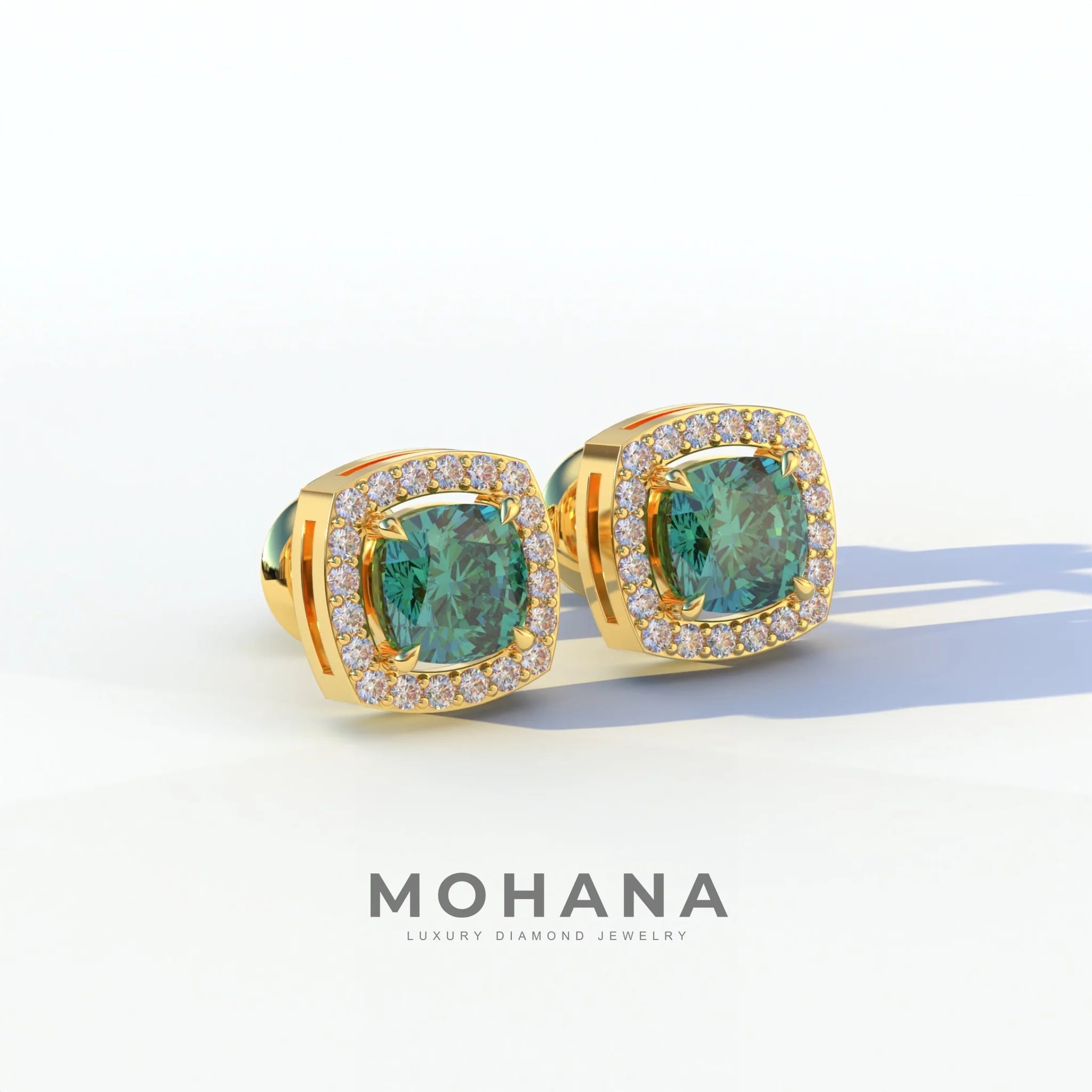 Kiara - Cushion Cut Green Diamond Stud Earrings | Halo Earring Setting