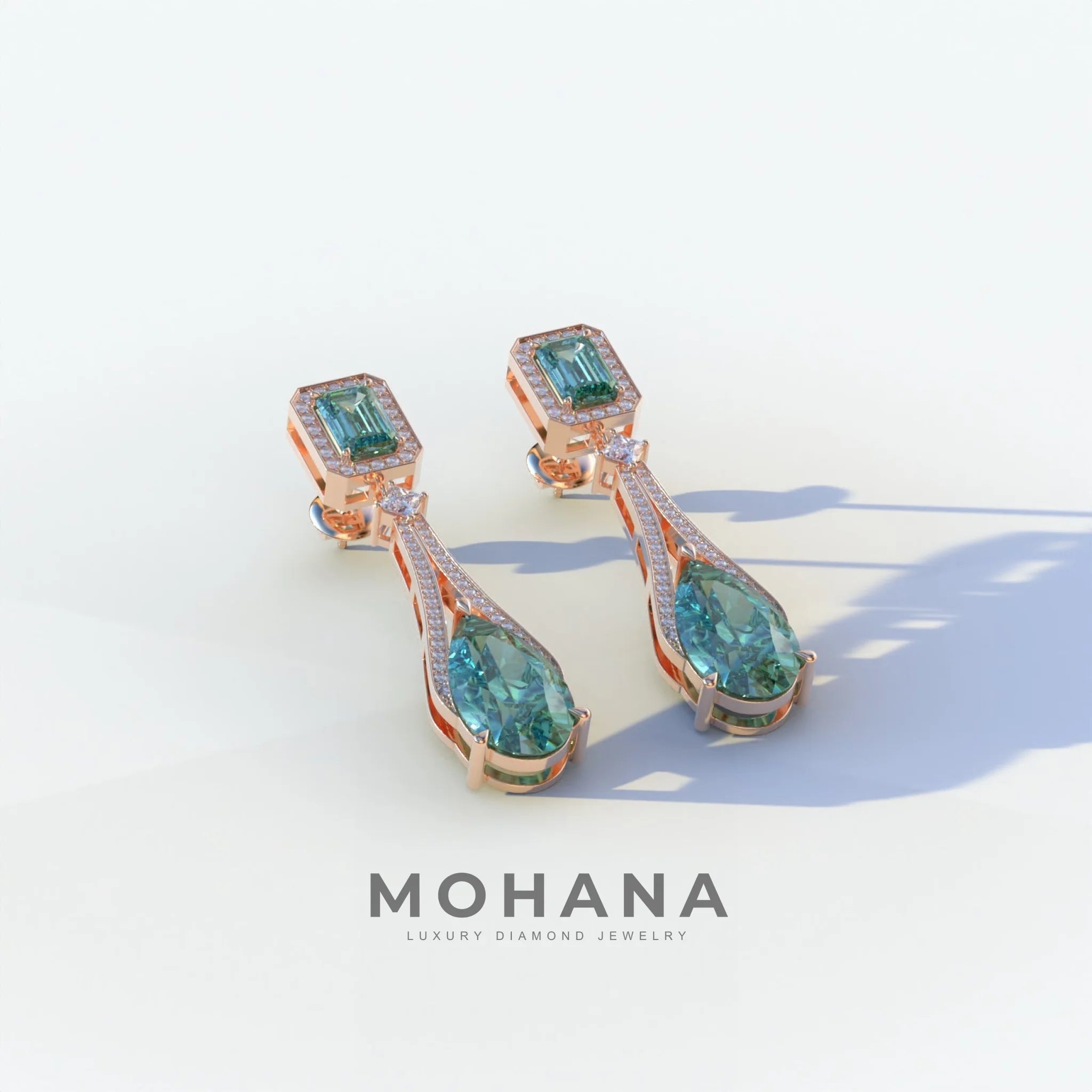 Canary - Green Color Pear & Emerald Diamond Drop Earrings | Fancy Halo Setting | Certified