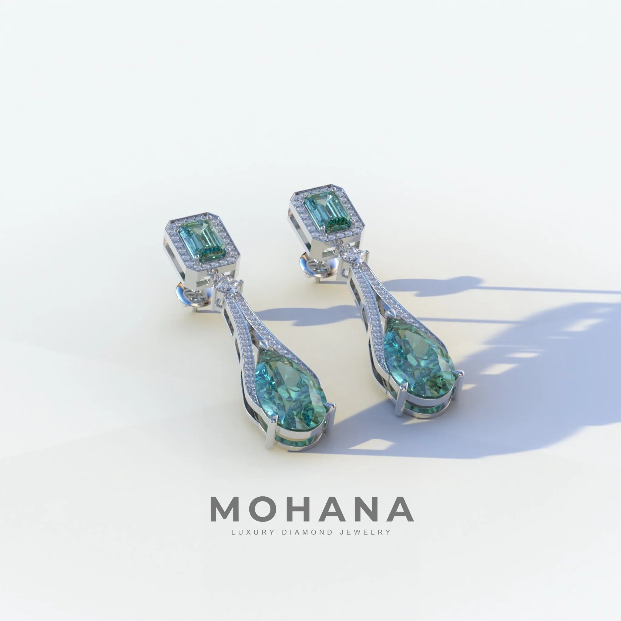 Canary - Green Color Pear & Emerald Diamond Drop Earrings | Fancy Halo Setting | Certified